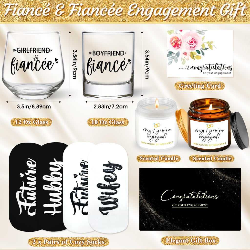 Engagement Gifts for Couples - Wine and Whiskey Glass Set for Newly Engaged, Boyfriend & Girlfriend, Fiance Fiancee, Mr and Mrs, His and Hers - Newlywed Wedding Gift