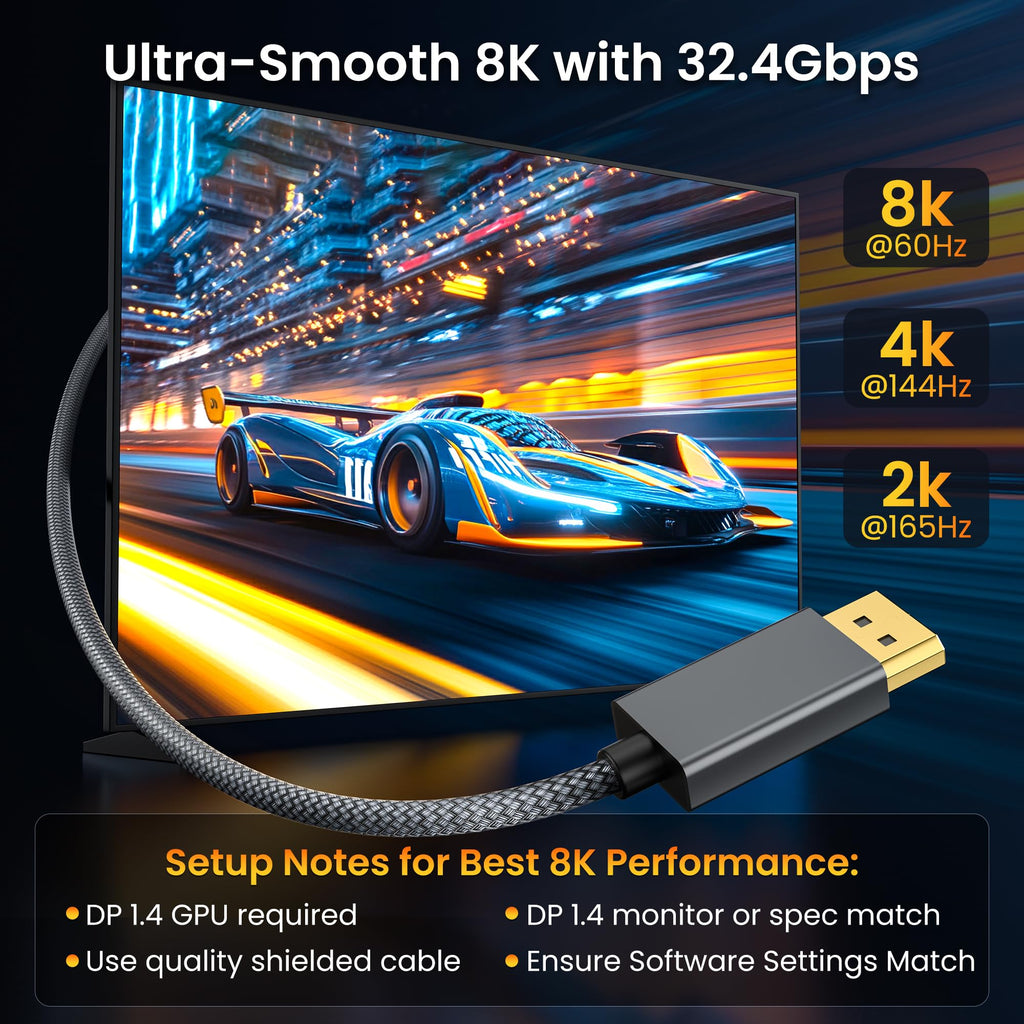 Itramax 8K 60Hz DisplayPort Cable 10FT (2-Pack),DP 1.4 Male Ultra High Speed Cord for Laptop/PC/TV/Gaming Monitor,Support HBR3 Bandwidth of 32.4Gbps,4K@144Hz,2K@165Hz,1080P@240Hz(DP 1.2 Compatible)