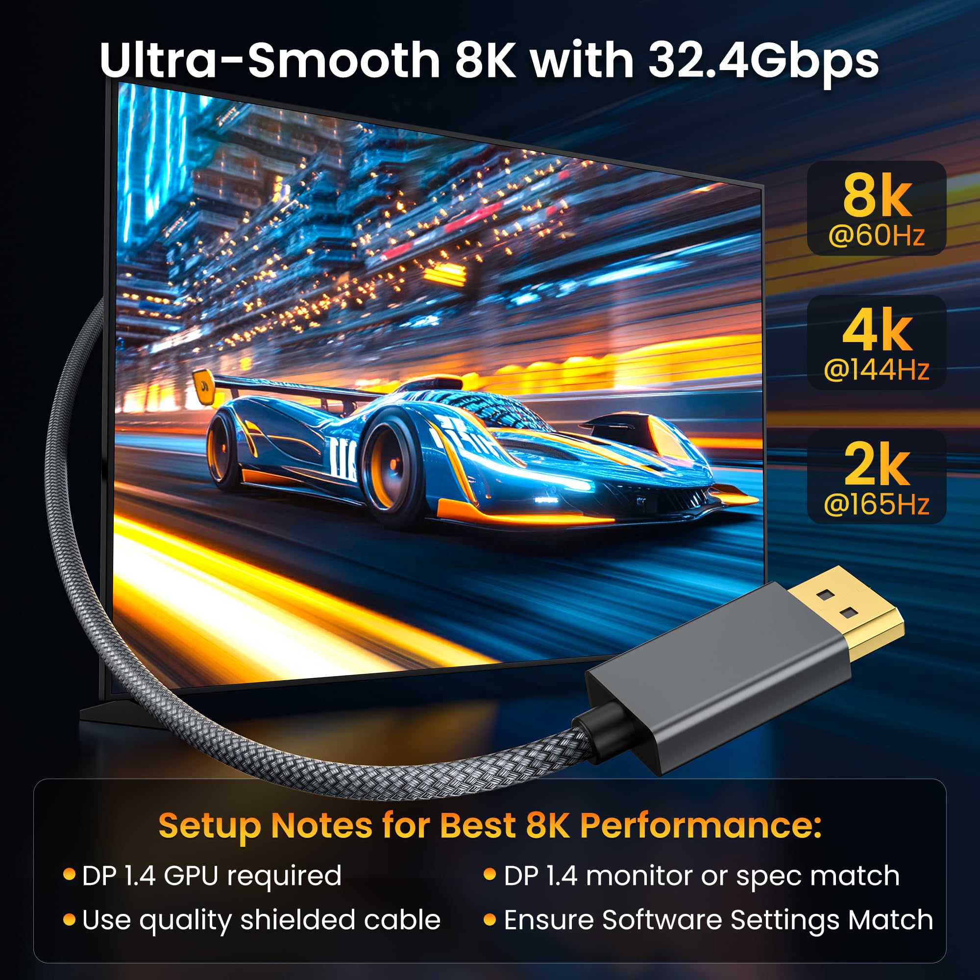 Itramax 8K 60Hz DisplayPort Cable 10FT (2-Pack),DP 1.4 Male Ultra High Speed Cord for Laptop/PC/TV/Gaming Monitor,Support HBR3 Bandwidth of 32.4Gbps,4K@144Hz,2K@165Hz,1080P@240Hz(DP 1.2 Compatible)