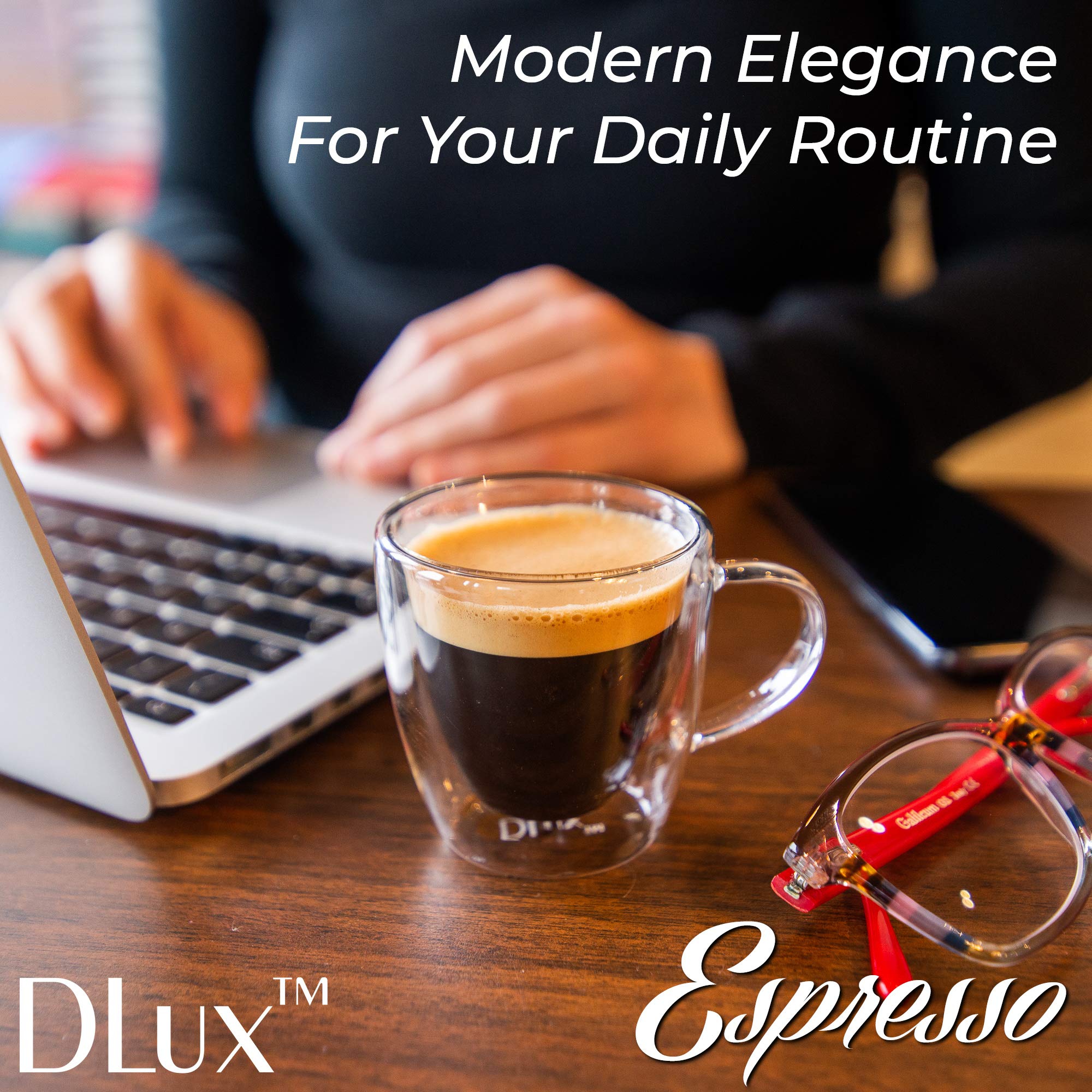 DLux Espresso Coffee Cups 80ml, Double Wall, Clear Glass Set of 4 3oz Glasses with Handles, Insulated Borosilicate Glassware Tea Cup
