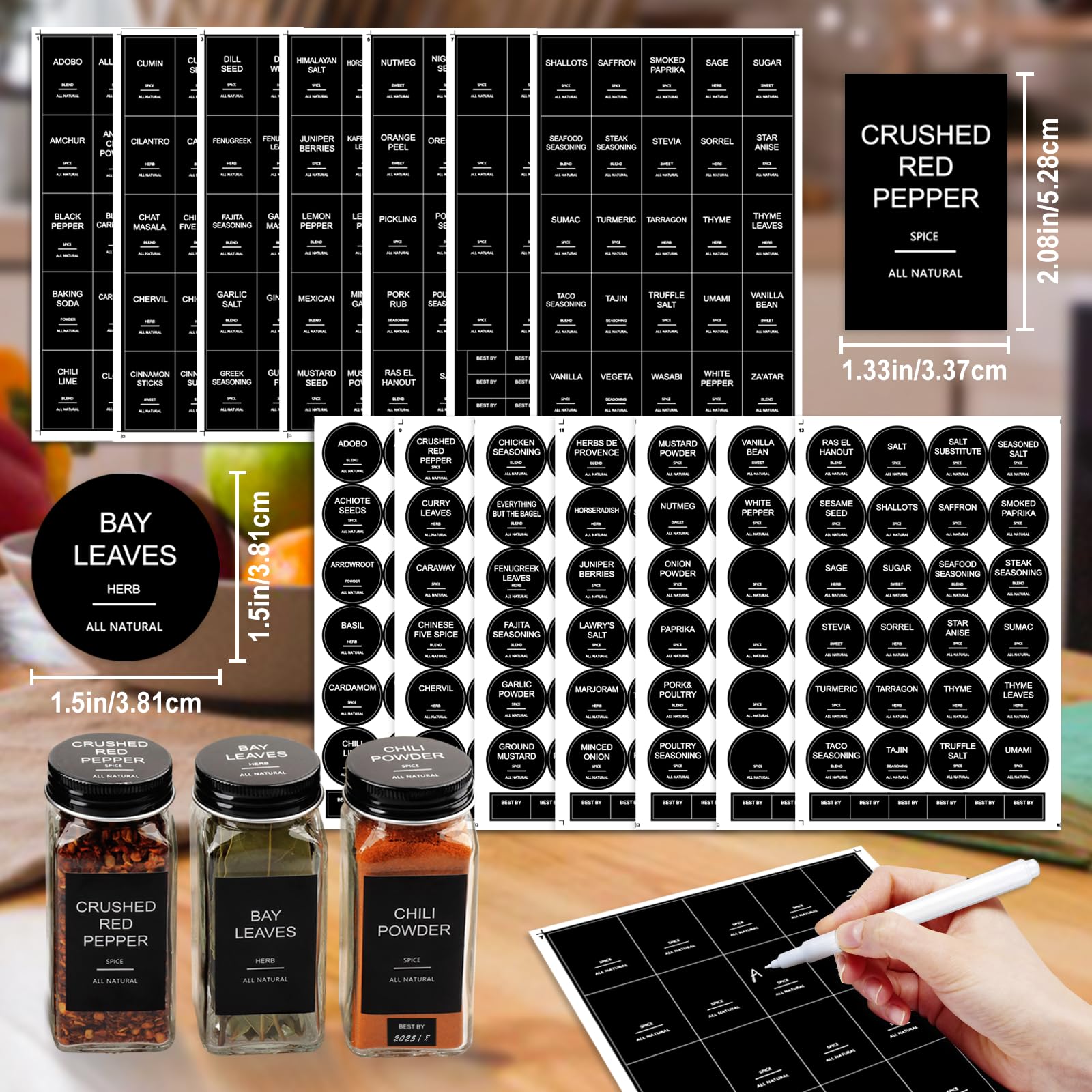 AISIPRIN 24 Pcs Glass Spice Jars with 398 Labels, 4oz Empty Square Containers Seasoning Bottles - Shaker Lids, Funnel, Brush and Marker Included(Black Metal Caps)