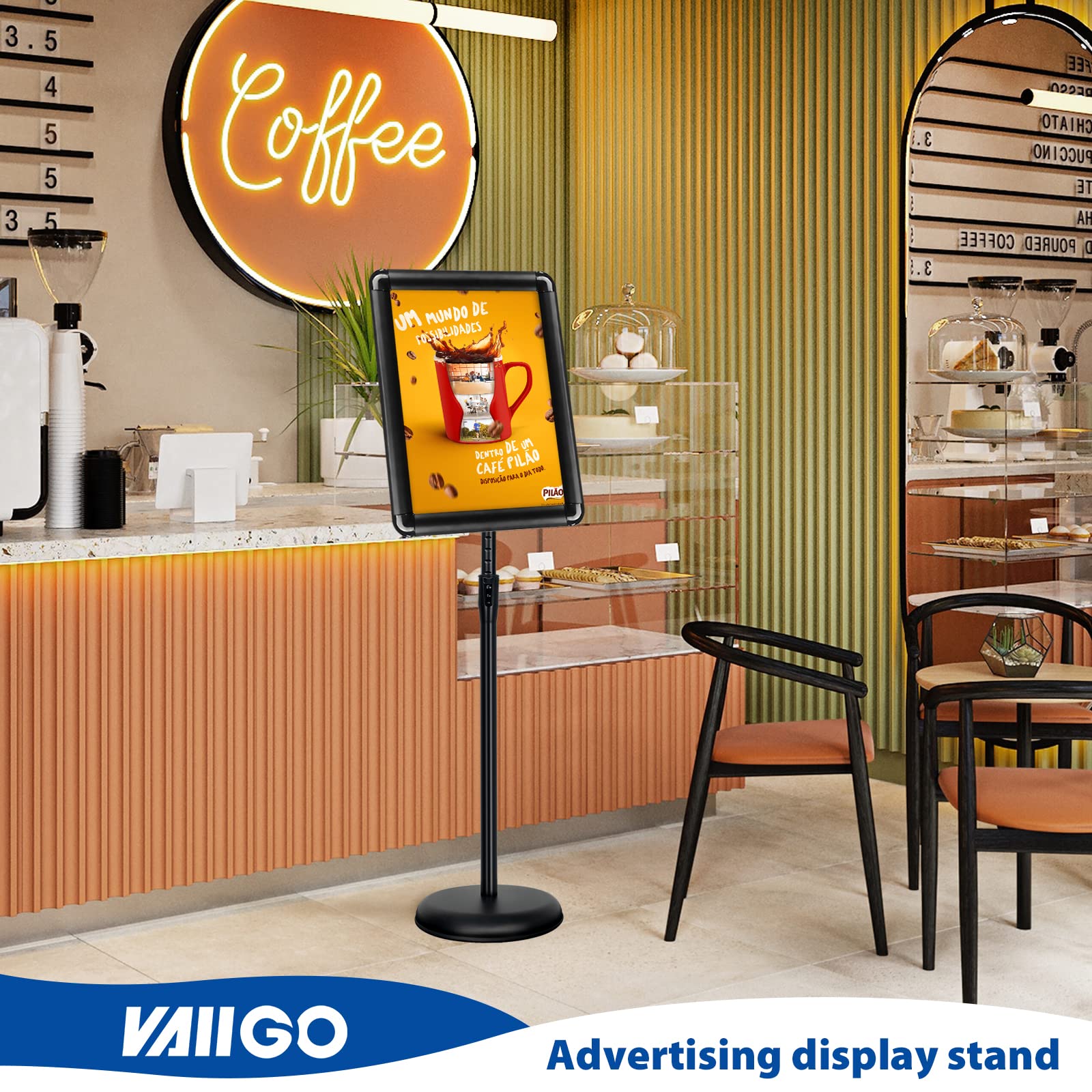 VAIIGO 8.5x11 Inch Adjustable Pedestal Poster Sign Stand, Heavy Duty Floor Standing Sign Holder Stand Aluminum Snap Open Frame for Vertical and Horizontal View Sign Displayed (Black, Round)