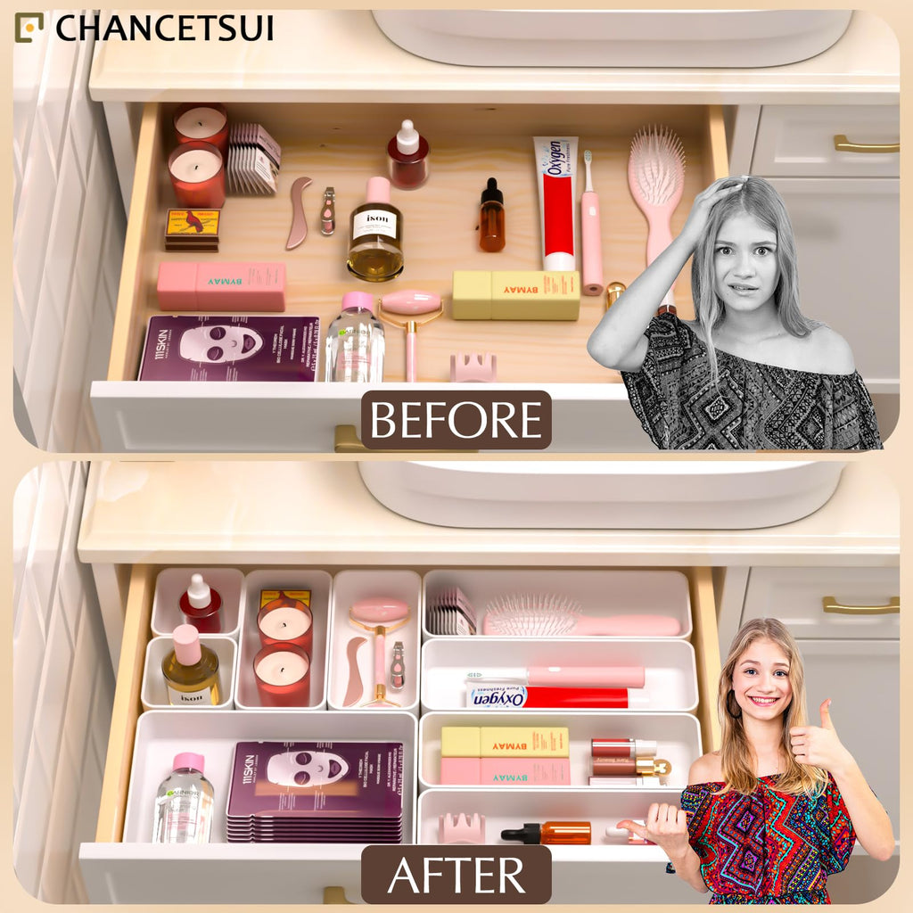 9 Pcs Stackable Drawer Organizer Trays Set, Multifunctional Stackable Storage Trays for Vanity, Bathroom, Kitchen, Desk Drawer Organizer Office. Plastic Drawer Organizers.