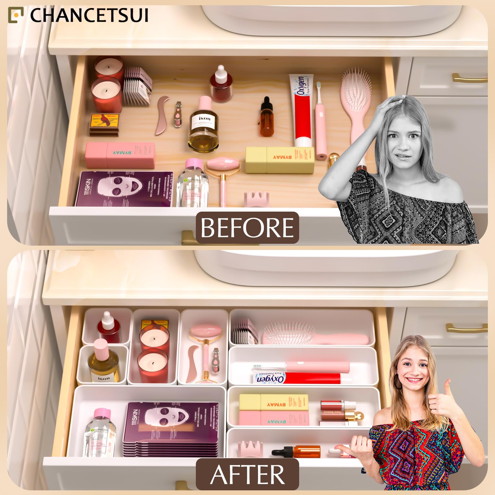 9 Pcs Stackable Drawer Organizer Trays Set, Multifunctional Stackable Storage Trays for Vanity, Bathroom, Kitchen, Desk Drawer Organizer Office. Plastic Drawer Organizers.
