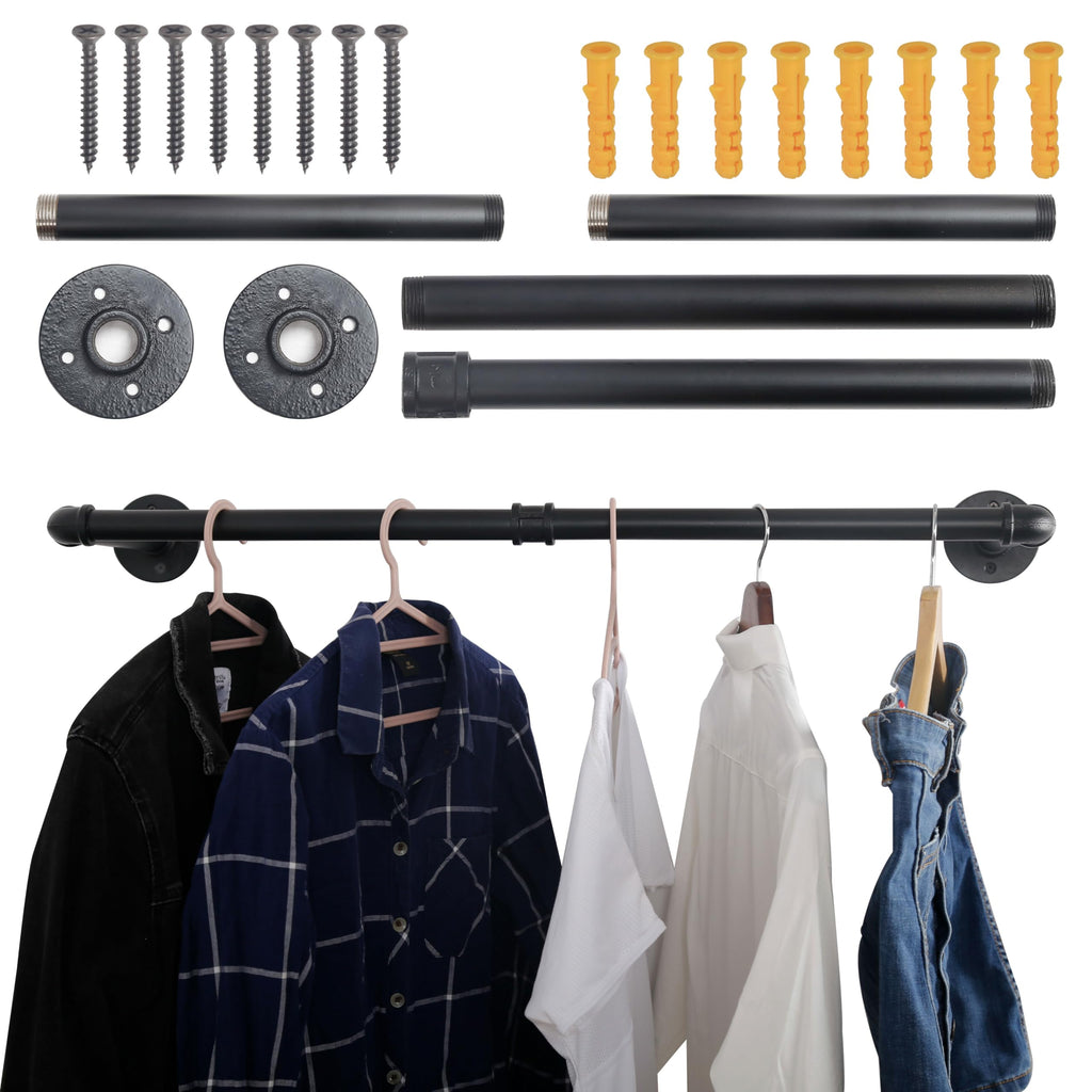 WEBI Clothing Rack Wall Mount,32" Industrial Pipe Clothes Rack for Hanging Clothes,Heavy Duty Iron Garment Rack Bar,Retail Display Clothes Rod for Closet,Laundry Room,Black