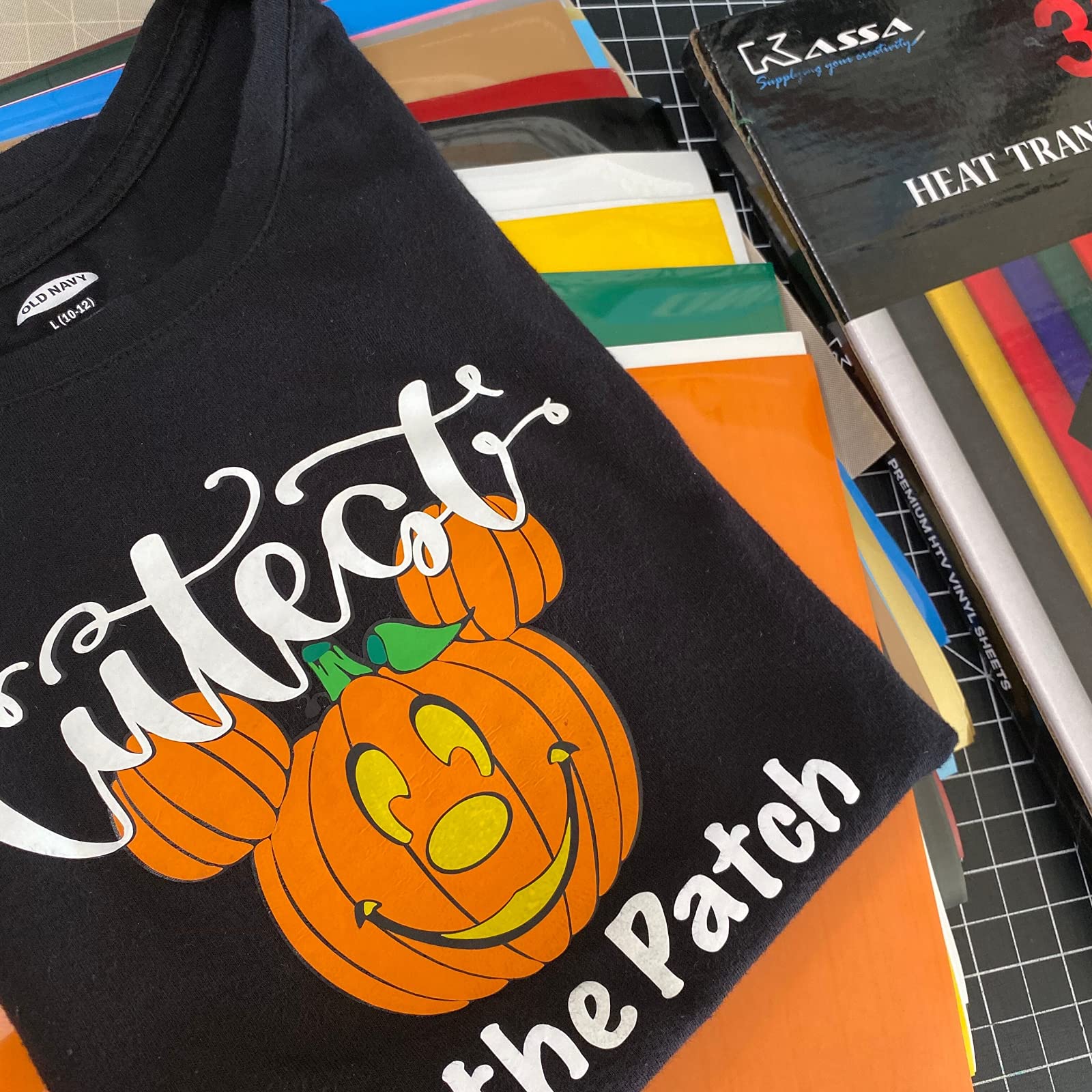 Kassa HTV Assorted Colors Heat Transfer Vinyl: 30 Sheets, 12x10 inches Each; Iron-On or Heat Press Vinyl for T-Shirts, Clothing & Textiles; Includes Teflon Sheet & Weeding Tool for Easy Transfers