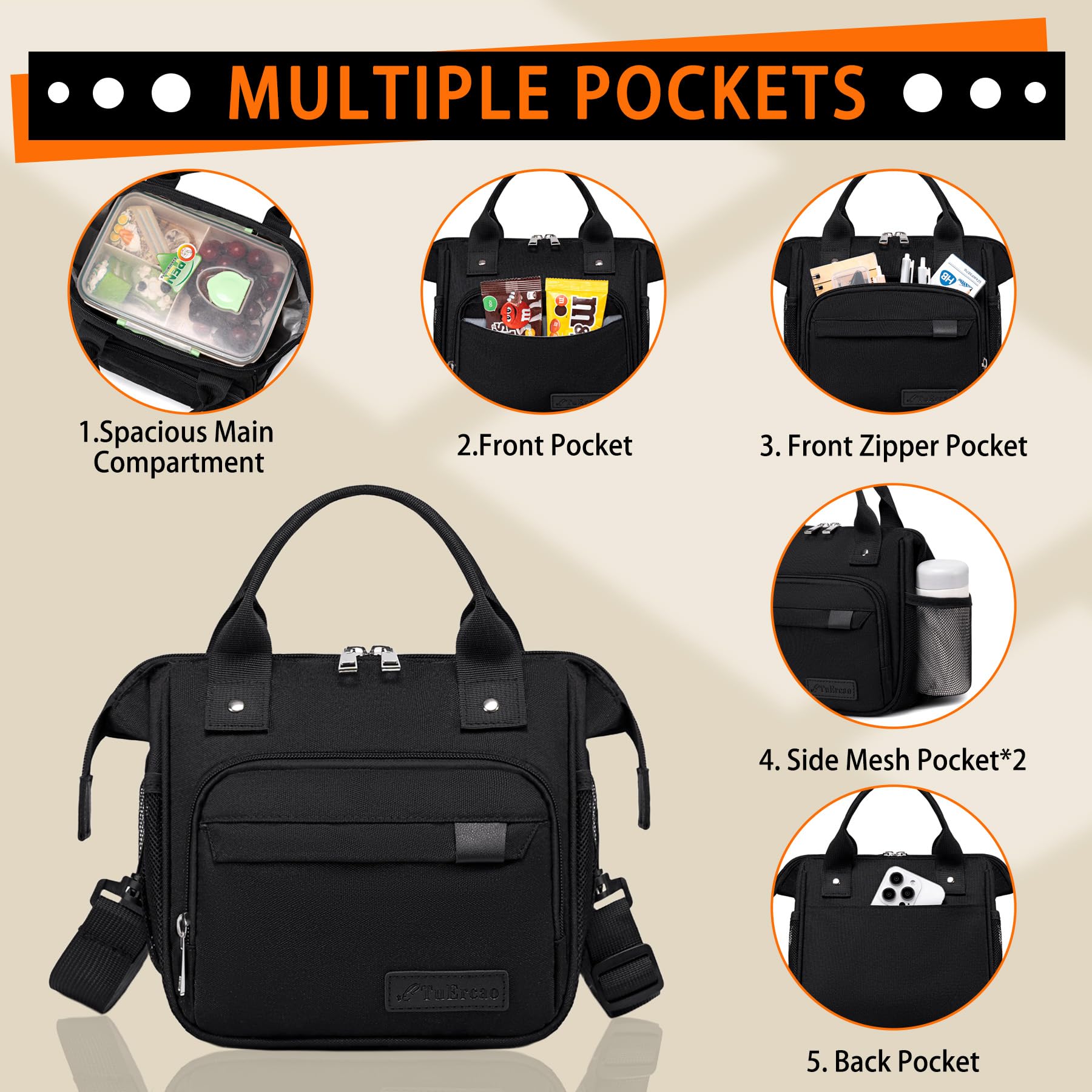 Black Lunch Bags for Women, Sac a Lunch Femme High Capacity Insulated Lunch Box for Work, Portable Lightweight Soft Cooler for Picnic Travel Road Trips