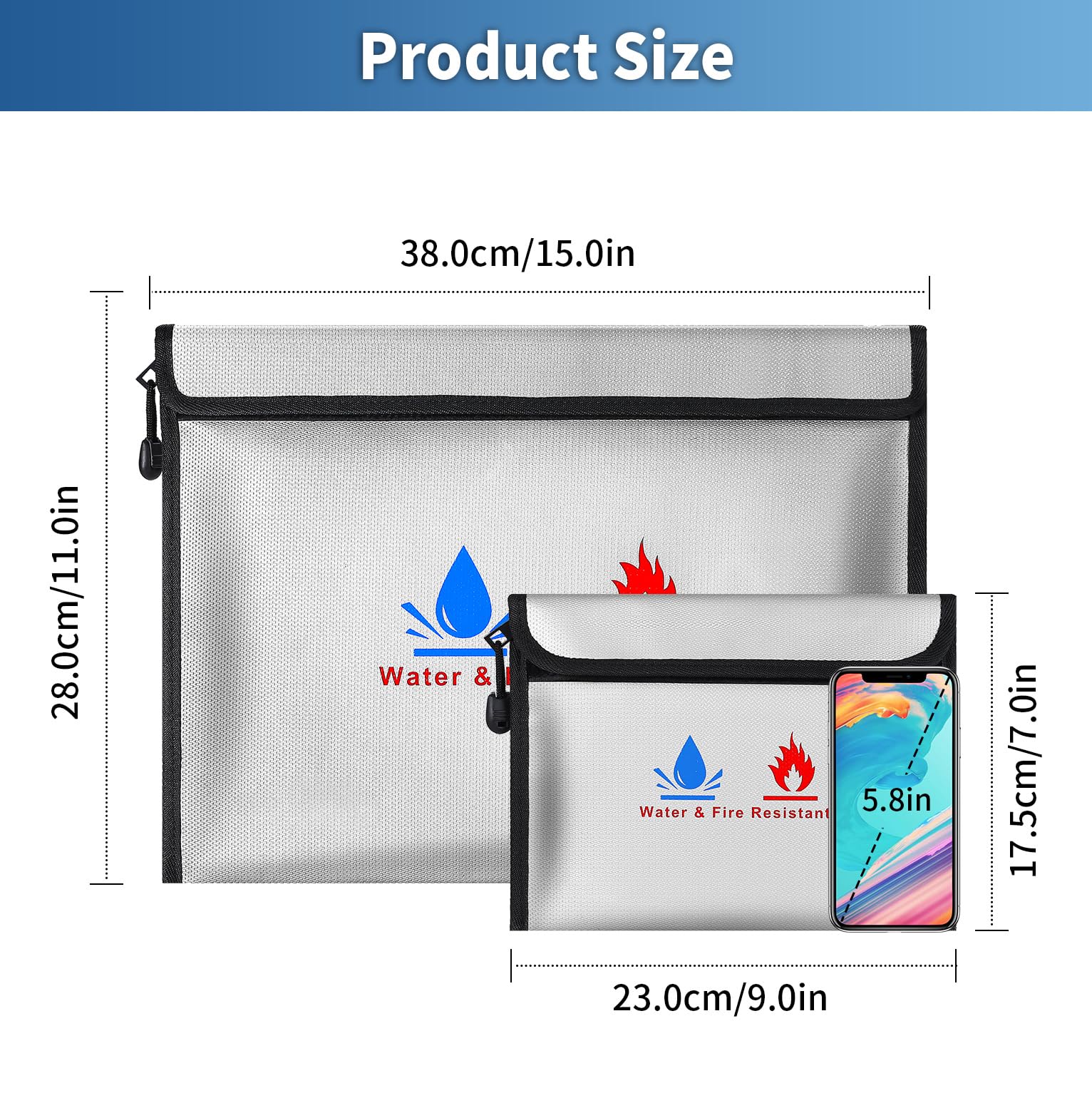Fireproof Document Bag, Fireproof Money Safe 15 x 11 in & 9 x 7 in Set Non-Itchy Silicone Coated Fire Resistant Bag Fireproof Safe Storage for Money, Documents, Jewelry and Passport
