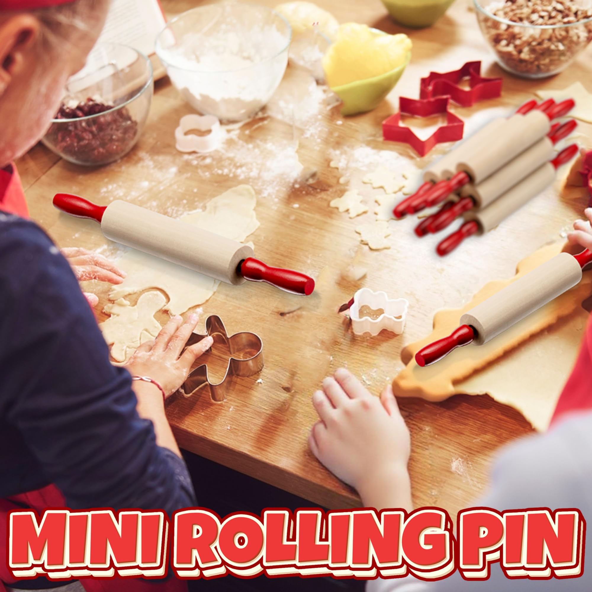 Mini Rolling Pin 7.5 Inch (6 Pack) Kids Rolling Pin Set for Play Dough Accessories Small Pin for Dough - Wooden Rolling Pins for Baking with Handles for Foods, Baking Supplies, and Playtime