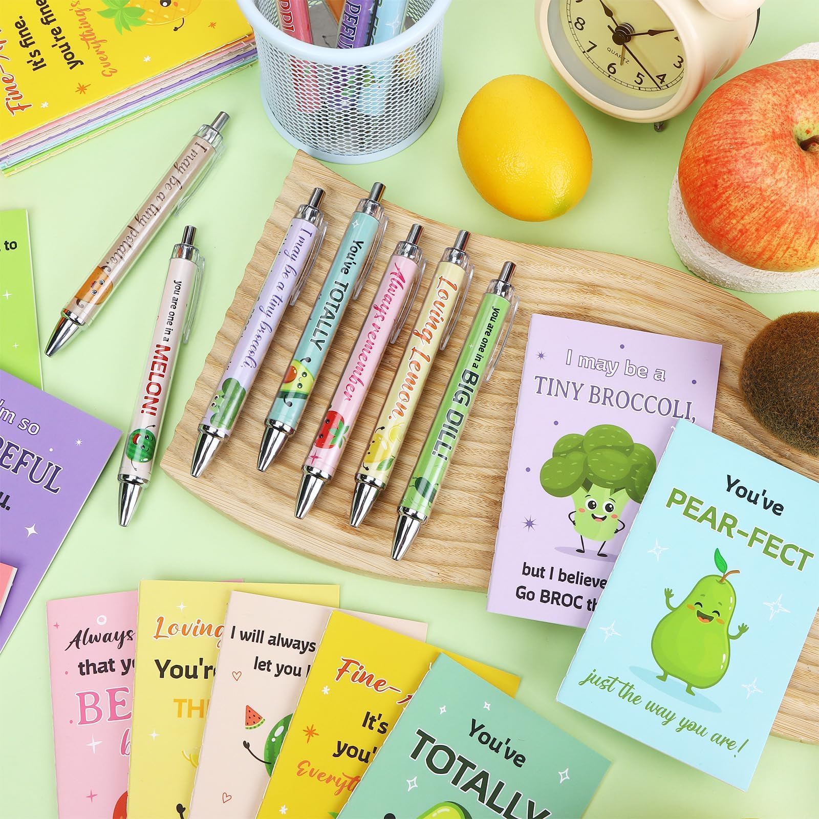 24 Sets Employee Appreciation Gifts Bulk Inspirational Mini Notebook with Pens Cute Fruit Vegetable Pun Design Motivational Pocket Notepads Positive Gifts for Coworker Staff Volunteer Teacher Student