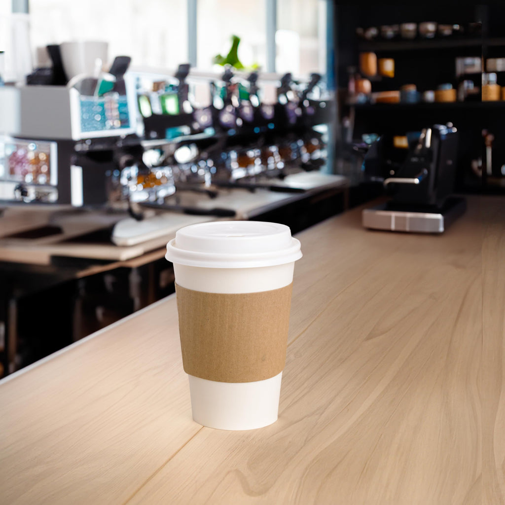Blue Lake 12 oz Disposable Coffee Cups with Lids & Cup Sleeves. Made in Canada. 100 Cups, lids & Cup Sleeves