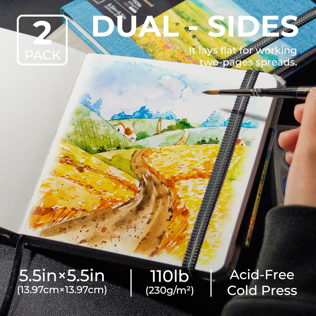 Funto Watercolor Journal, Square, Dual-Sided Cold-Pressed Paper, 5.5" x 5.5", Portable 2-Pack, 48 Pages Each, Elastic Band, 110 lb/230gsm, Art Supplies for Mixed Media