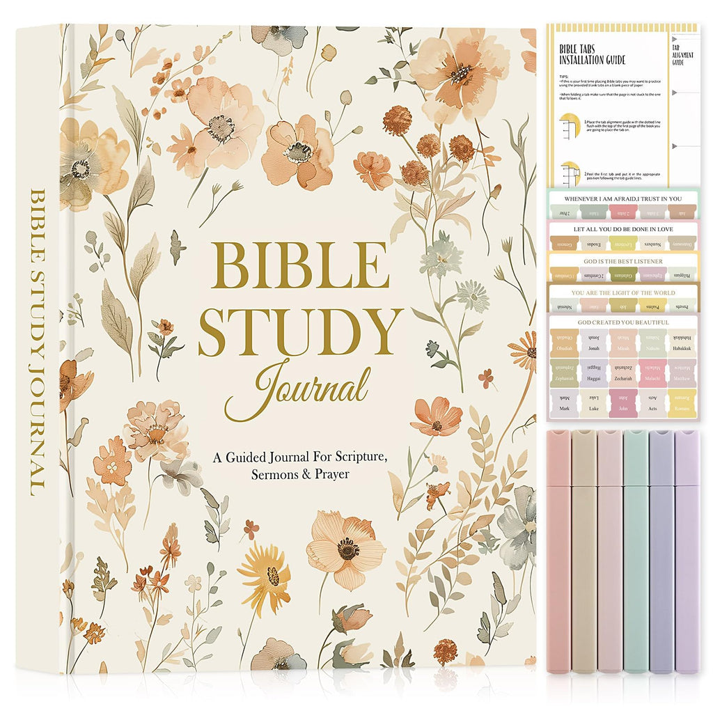 Lanpn Bible Study Journals for Women with Tabs & Highlighters, Daily Devotional Journaling Church Notes Taking, Leather Bible Prayer Guide Notebook Christian Religious Faith Based Gifts