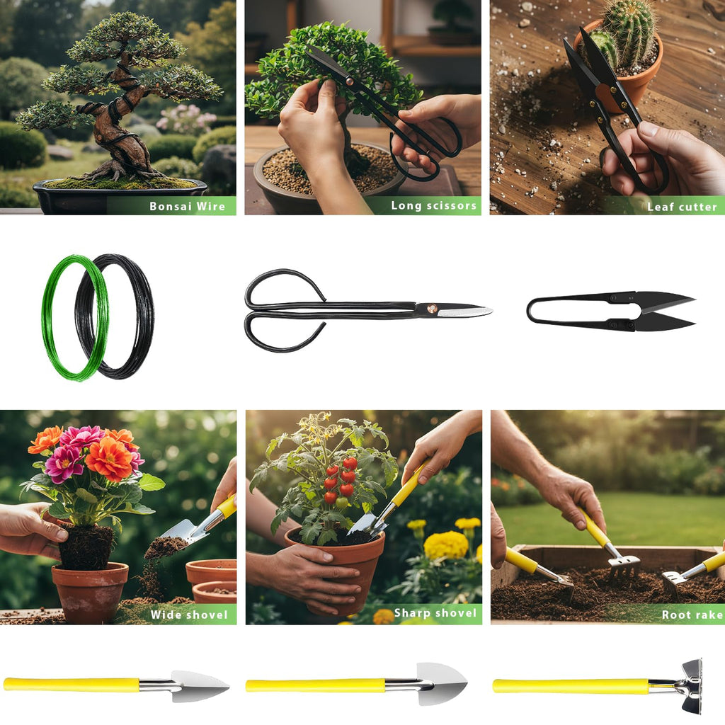 MOSFiATA Bonsai Tools Set 7 Pcs, High Carbon Steel Scissor Cutter Shears Set, Gardening Trimming Tools Set with Pruning Shears, Gardening Gloves, Training Wire, Garden Plant Tools with Carrying Bag
