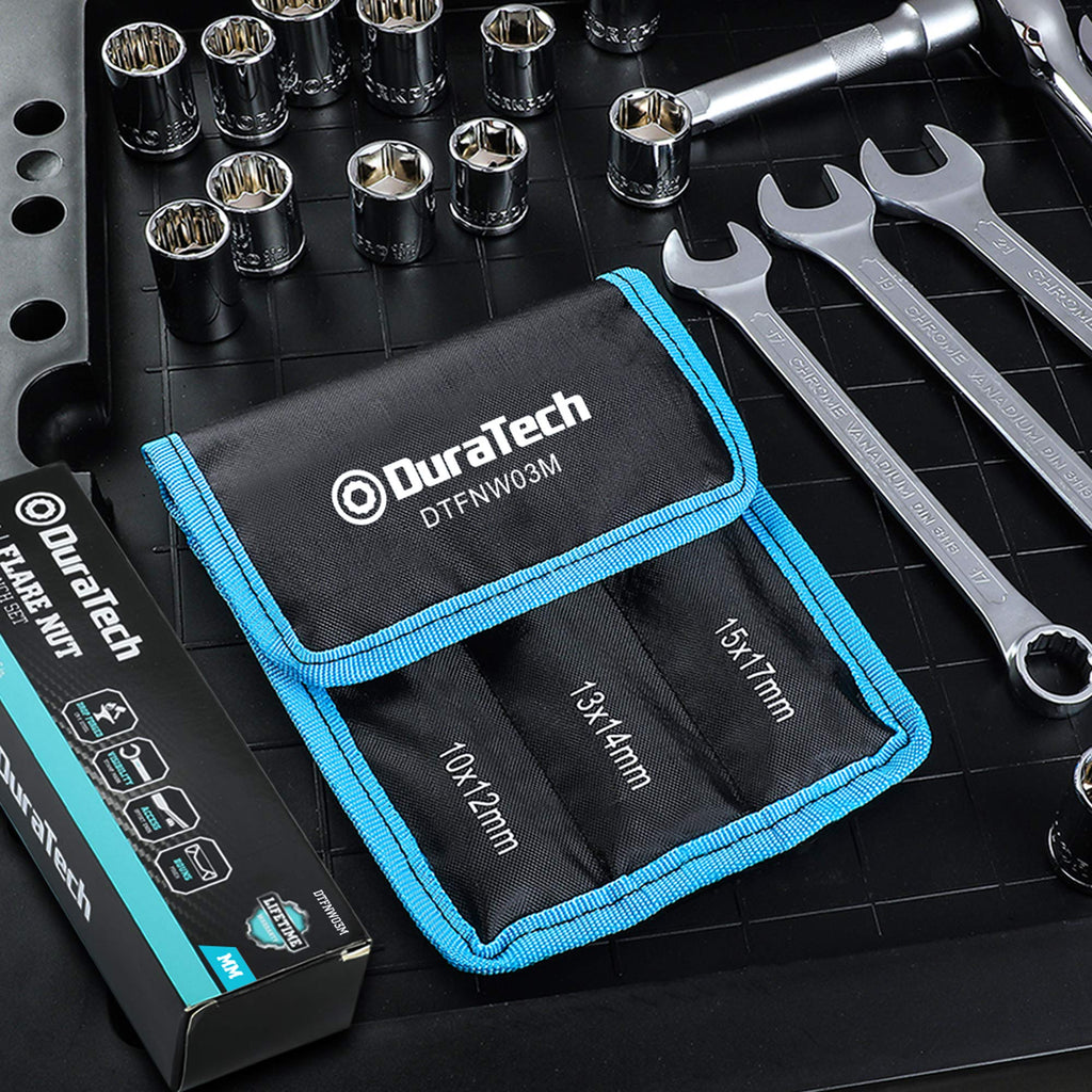 DURATECH Flare Nut Wrench Set, Metric, 3-Piece, 10, 12, 13, 14, 15, 17 mm, CR-V Steel, Organizer Pouch Included