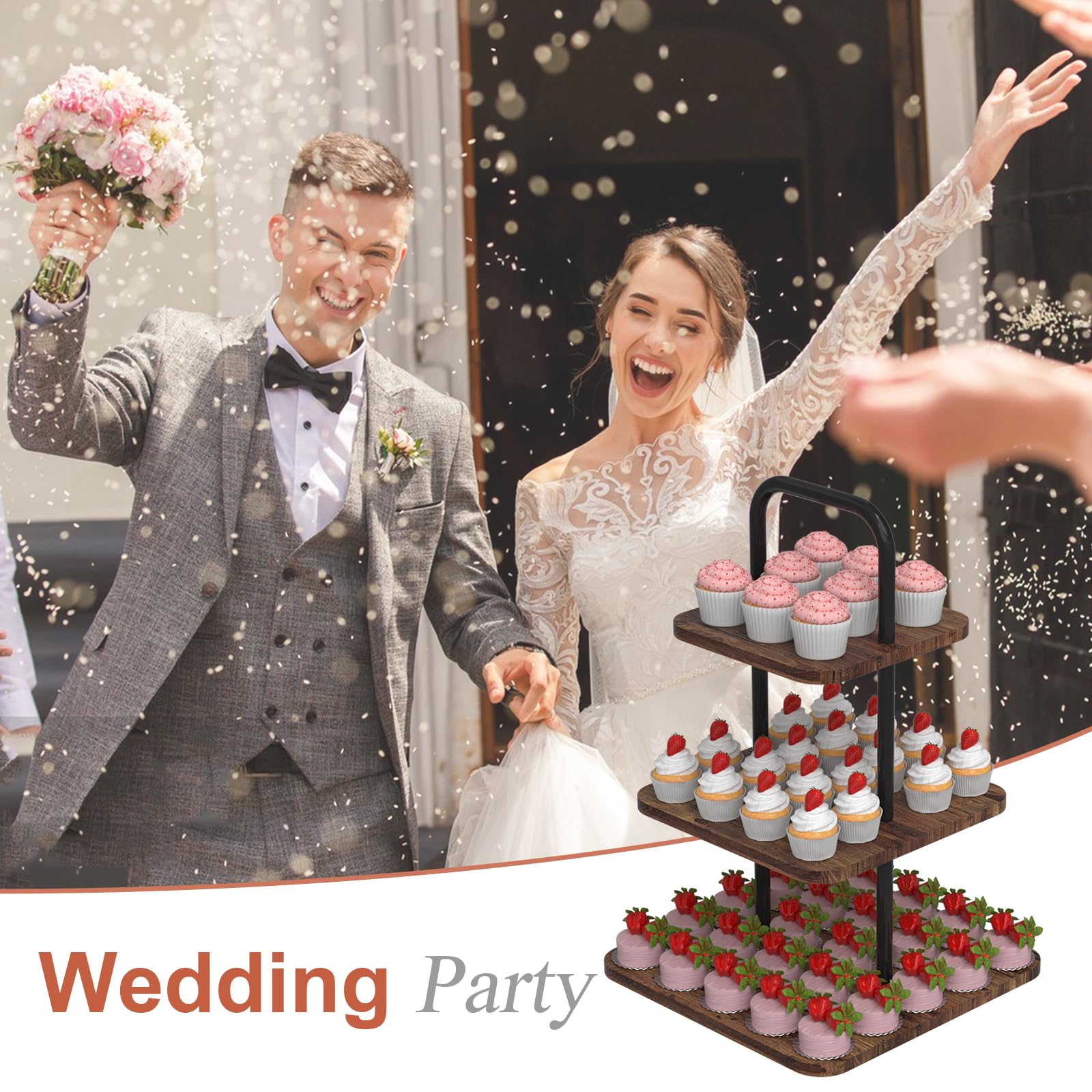 VyGrow 3-Tier Cupcake Stand Wood & Metal Tower Display Premium Holder Dessert Tree Tower for Birthday Cady Bar Decor Weddings, Party Serving Tray, Square Display