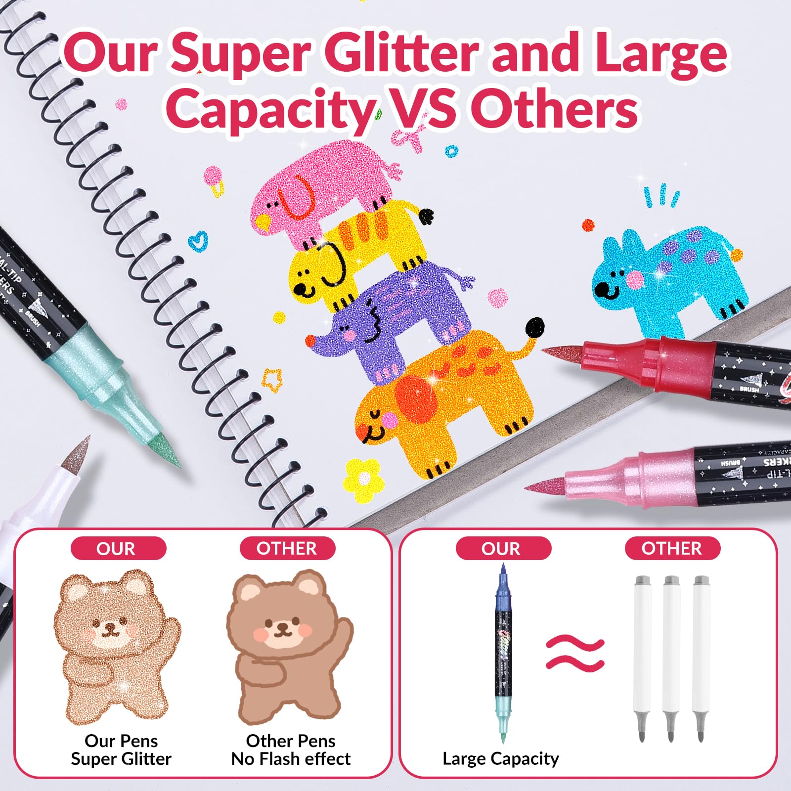KEMYR Glitter Brush Markers Pens,48 Colors Dual Tip Glitter Pens Set 24 Pack Metallic Sparkle Markers for Cards, DIY Crafts, Doodle, Writing, Adults Coloring Books, Art Supplies Scrapbooking