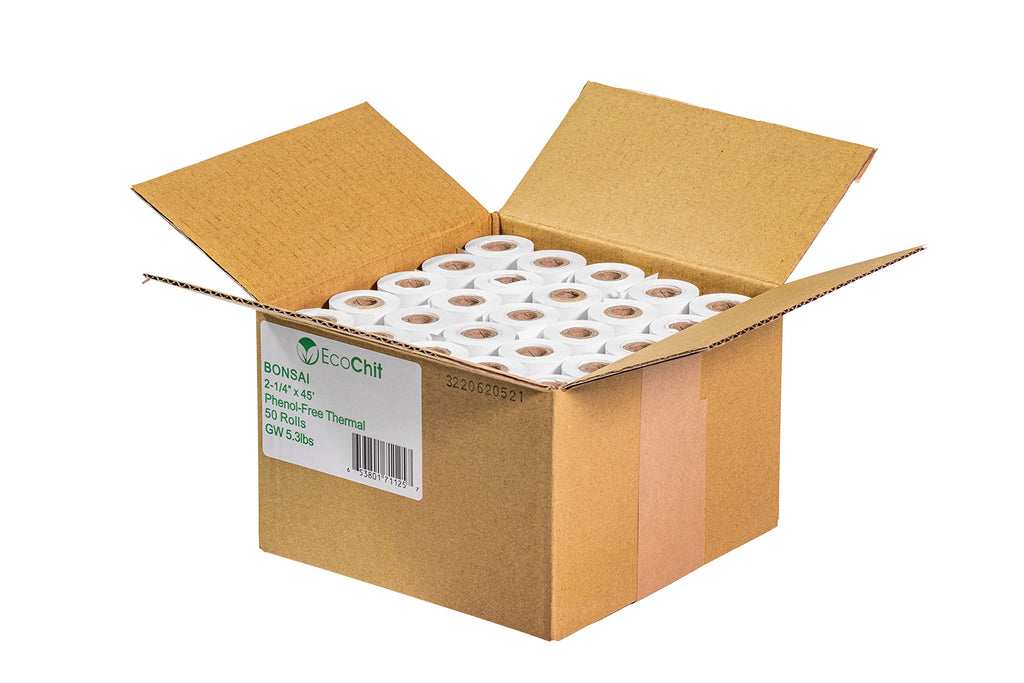 EcoChit Phenol-Free Thermal Paper Rolls, 2-1/4" x 45', Pre-Printed Eco-Friendly Message, Every Case Plants Two Tree, Case of 50