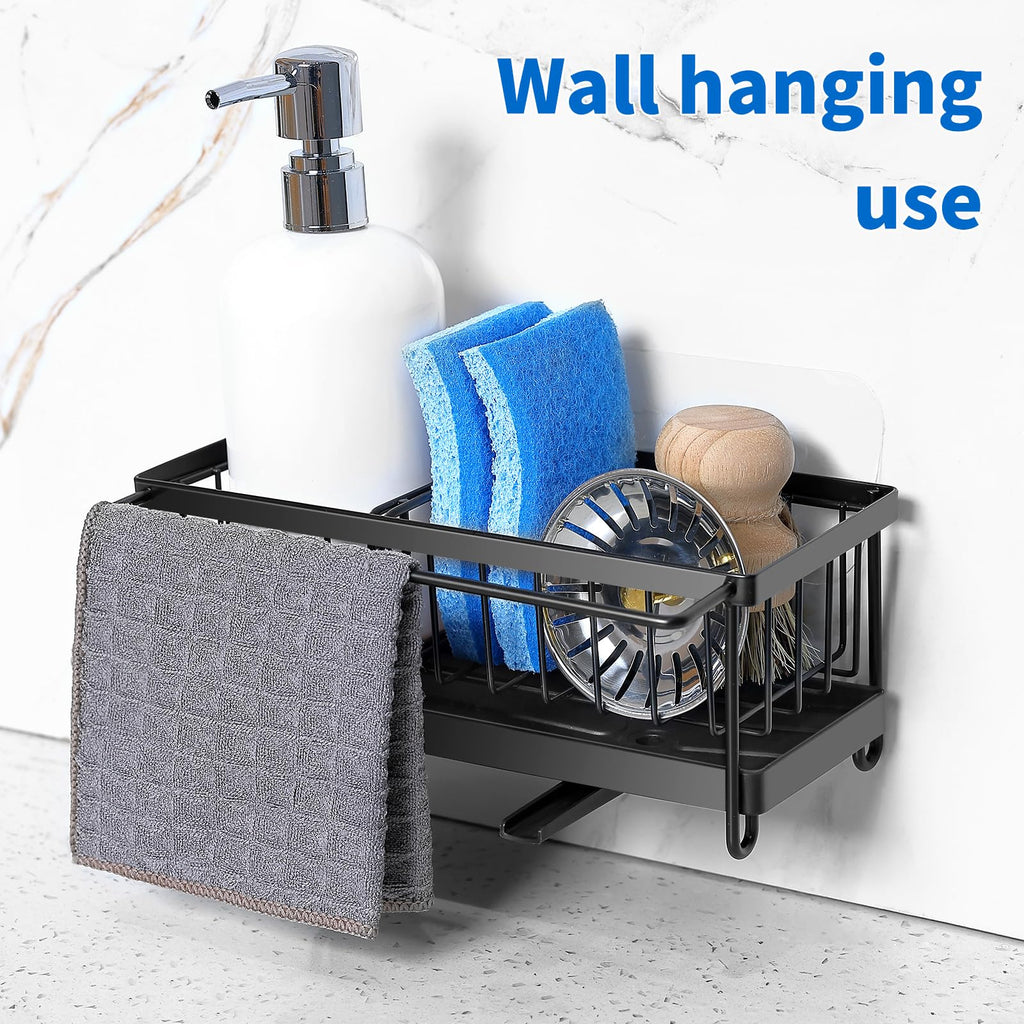 Cartilage Sponge Holder for Kitchen Sink Organizer, Kitchen Sink Caddy Storage with Dishrag Dishcloth Holder Rack,Rustproof 304 Stainless Steel Dish Sponge with Auto Draining Tray