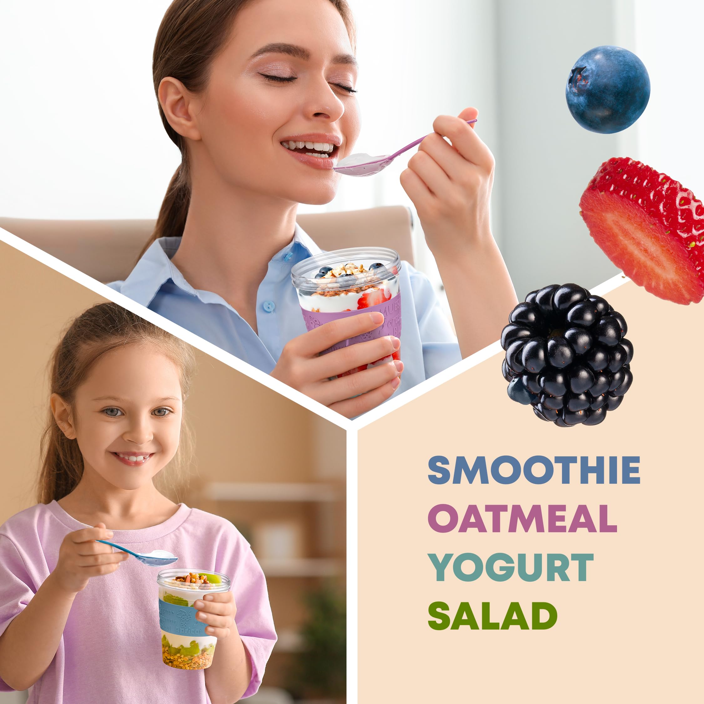 Tribello 4 Pack - On the Go Yogurt Parfait Cups with Lids, Topping Compartment & Spoon, Yogurt/Parfait Cups for Breakfast Meal Prep, Reusable Leak Proof Container - BPA Free - 20oz - Colorfull