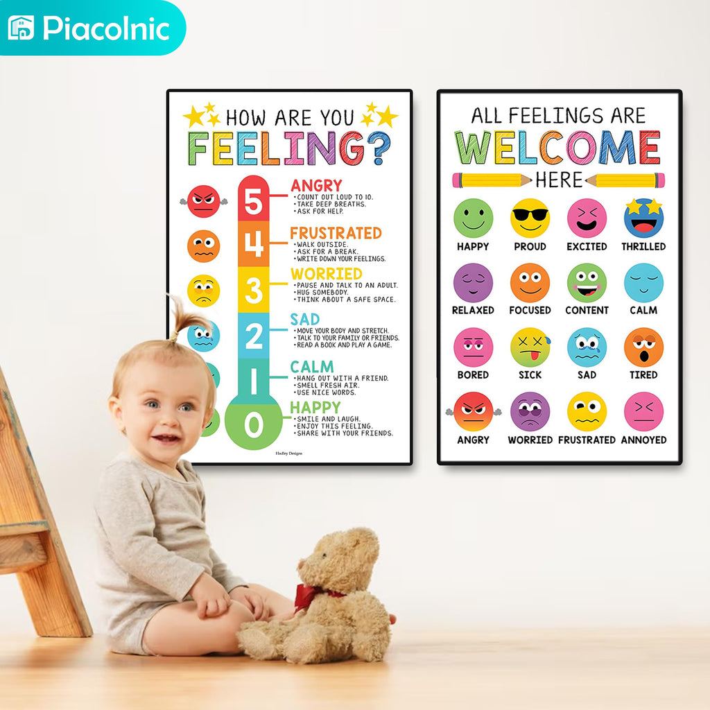 4Pcs Feelings Chart Classroom Posters, 11X17inch Calm Down Corner Wall Art, Inspirational Classroom Posters for Bulletin Board Classroom Décor School Preschool Mental Health Therapy Office