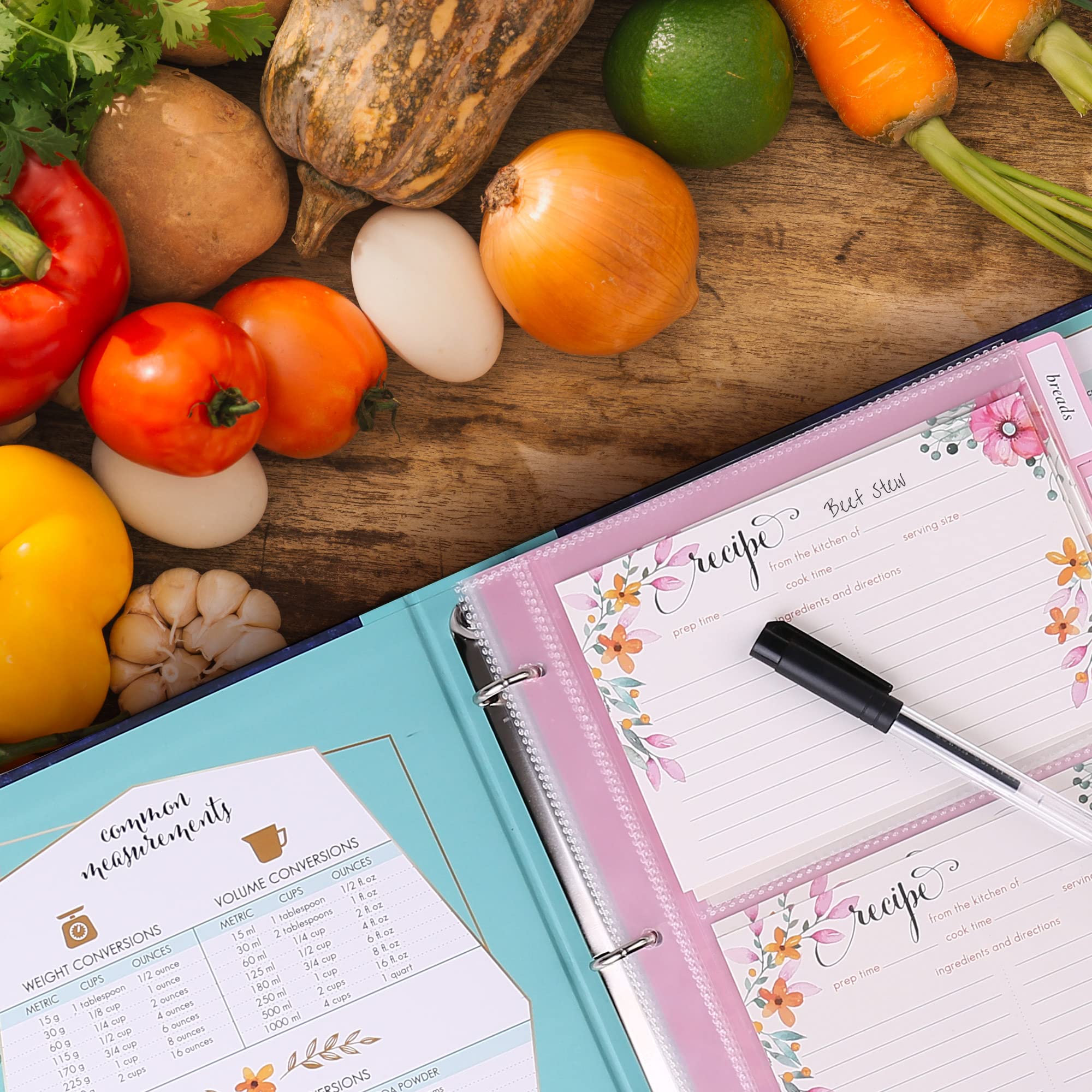 LotFancy Recipe Binder, 8.5” x 10”, with 60 Blank Recipe Cards 4x6, 30 Plastic Page Protectors, 3 Tabbed Dividers, 24 Labels - Kitchen Recipe Card Cookbook Binder Organizer Kit