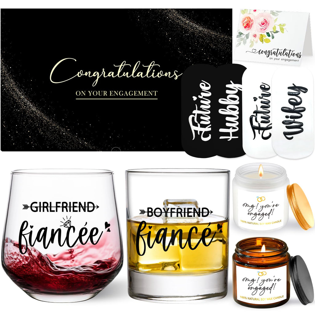 Engagement Gifts for Couples - Wine and Whiskey Glass Set for Newly Engaged, Boyfriend & Girlfriend, Fiance Fiancee, Mr and Mrs, His and Hers - Newlywed Wedding Gift
