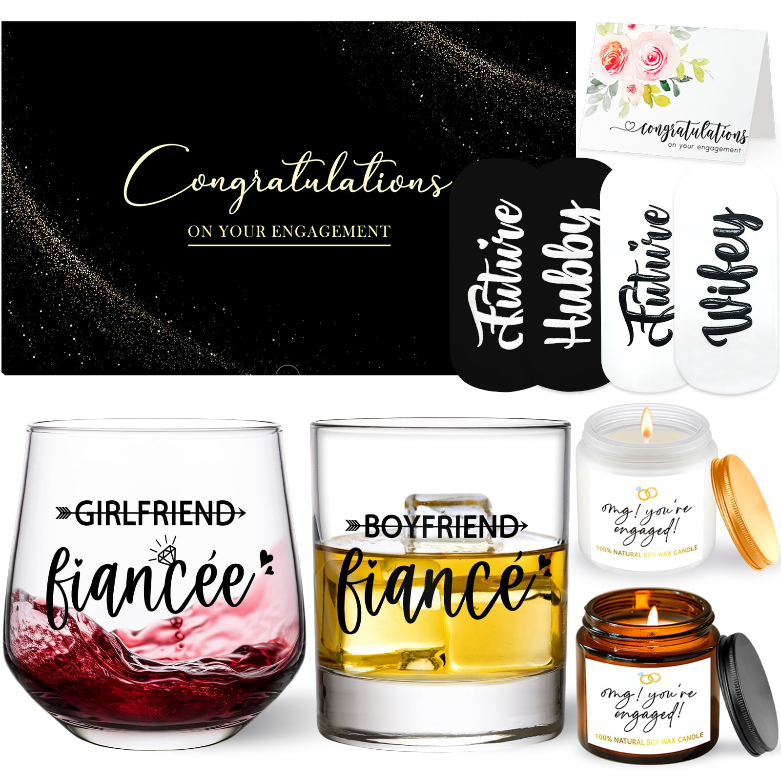 Engagement Gifts for Couples - Wine and Whiskey Glass Set for Newly Engaged, Boyfriend & Girlfriend, Fiance Fiancee, Mr and Mrs, His and Hers - Newlywed Wedding Gift