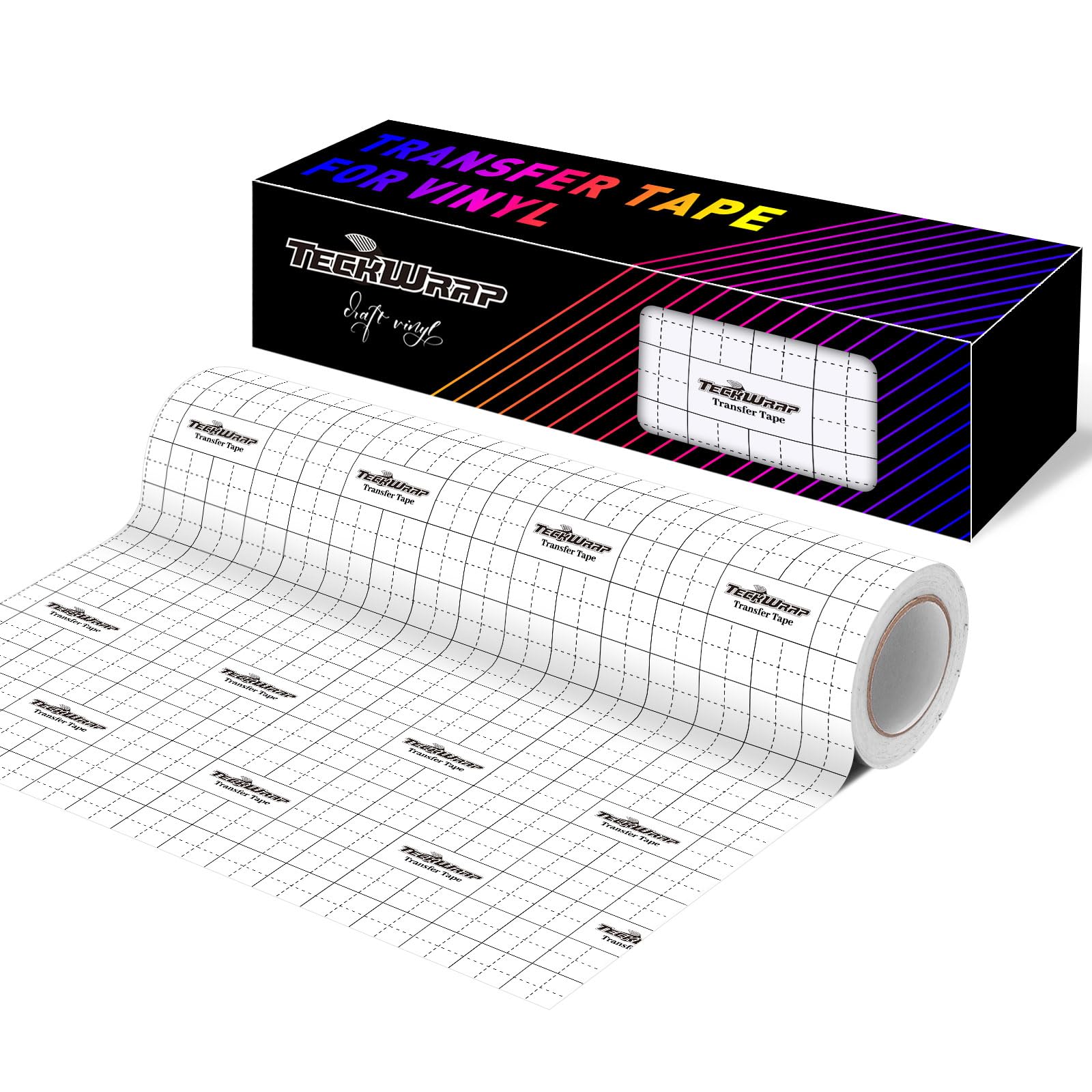 TECKWRAP Transfer Tape for Vinyl - 12" x 50 FT w/Black Alignment Grid Transfer Tape for Adhesive Vinyl - Medium Tack for Craft Decals,Signs, Windows, Stickers