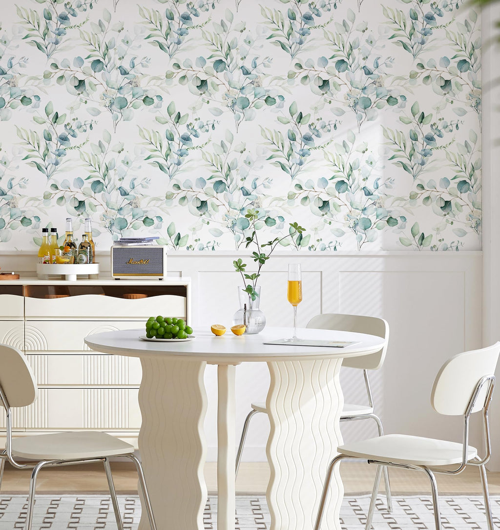 HaokHome Peel and Stick Wallpaper Green/White Eucalyptus Leaf Wall Mural Home Nursery Decor 44.5cm x 3m