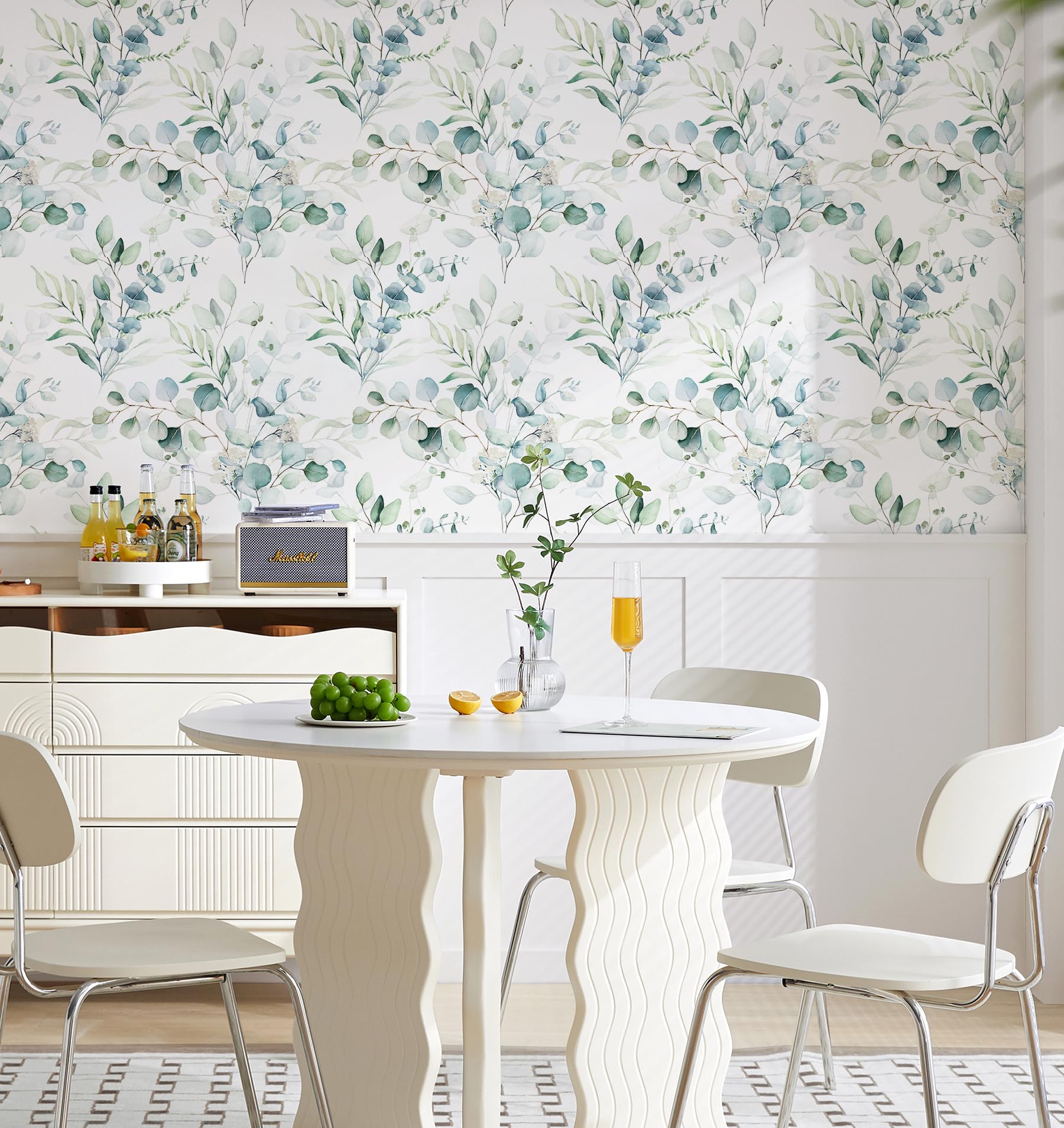 HaokHome Peel and Stick Wallpaper Green/White Eucalyptus Leaf Wall Mural Home Nursery Decor 44.5cm x 3m