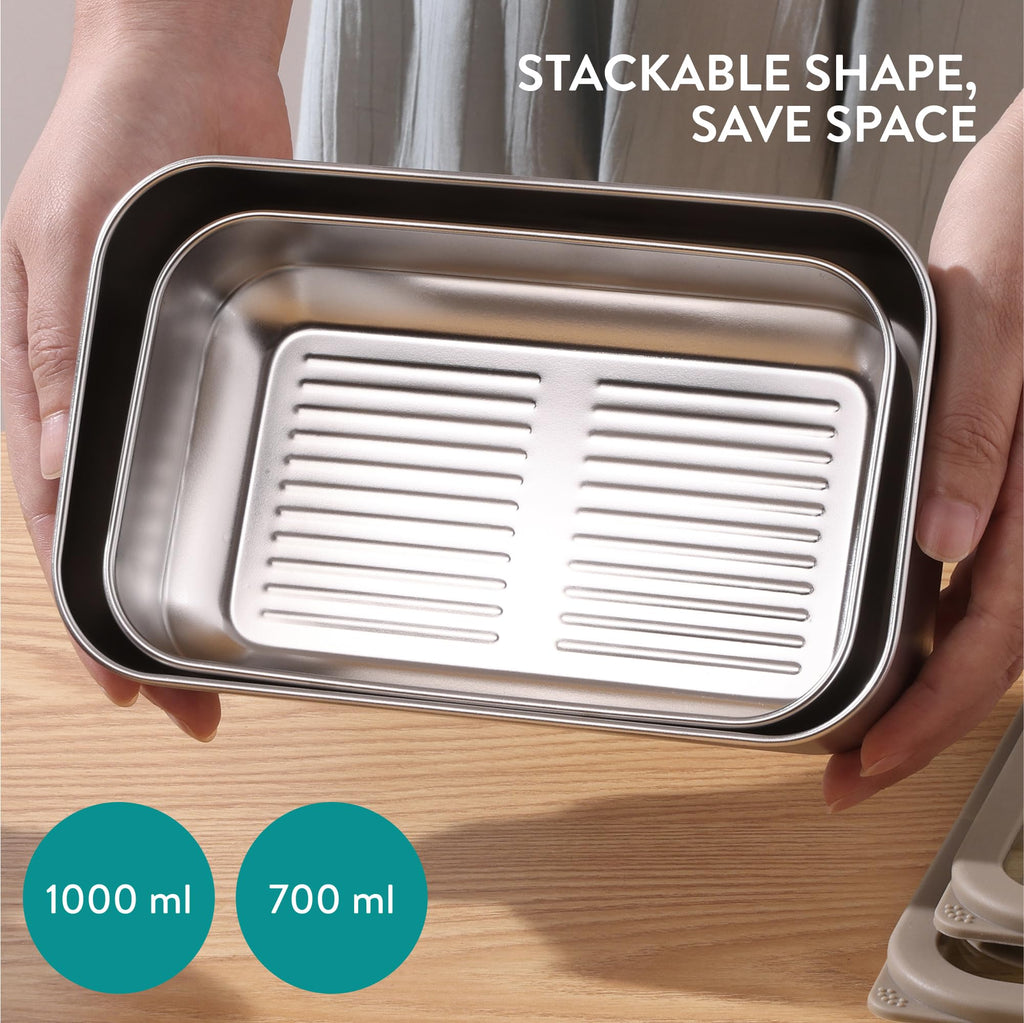 Navaris Microwave-Safe Steel Lunch Box - Microwavable & Reusable Stainless Steel Bento Box - Light & Durable - Lunch or Snack Container Bento Box and Food Storage - Set of 2 Brown