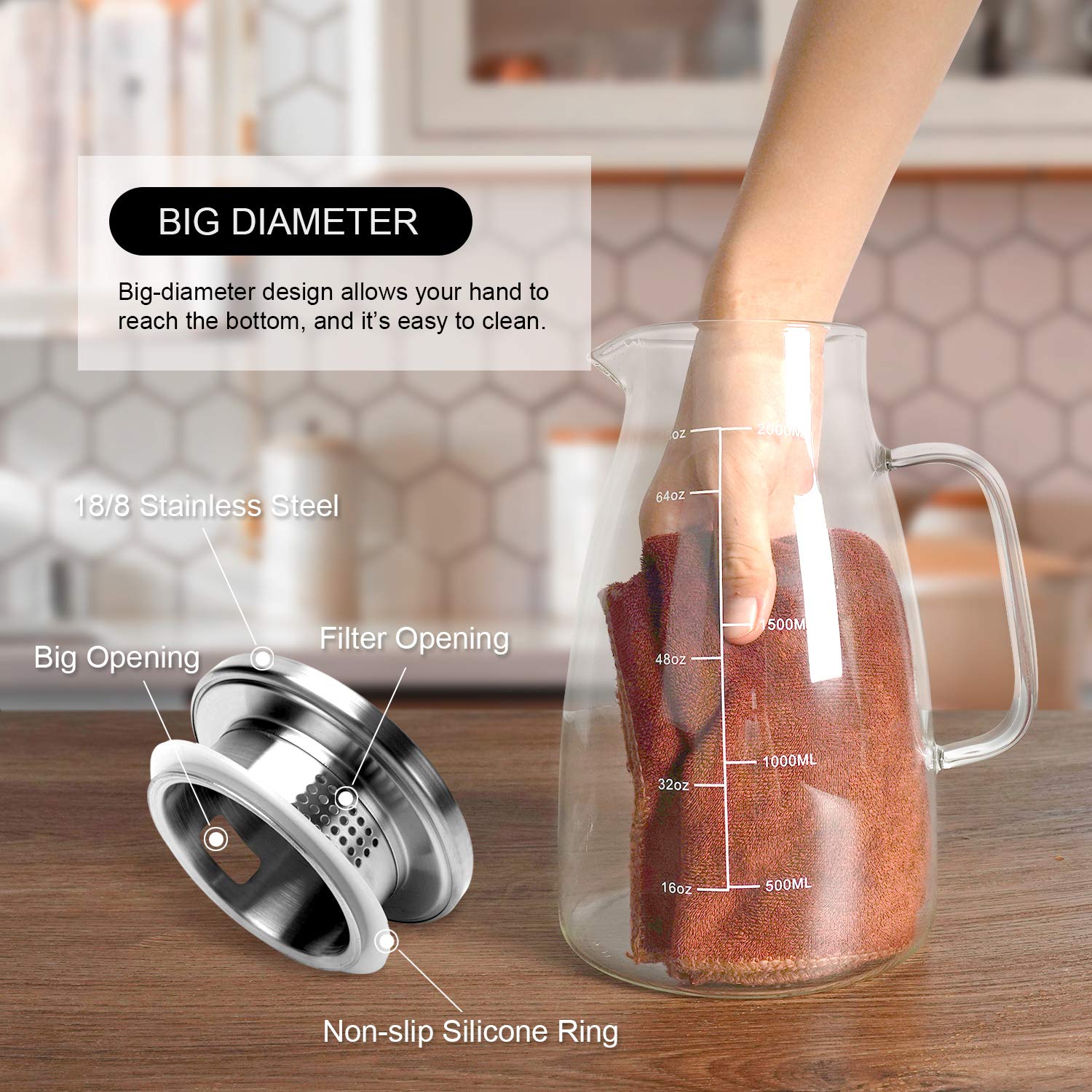 Water Pitcher, 2 L Glass Pitcher with Lid and Precise Scale Line, Stainless Steel Glass Jug, Easy Clean Heat Resistant Borosilicate Ice Tea Pitcher for Coffee, Milk, Juice, Cold or Hot Beverages