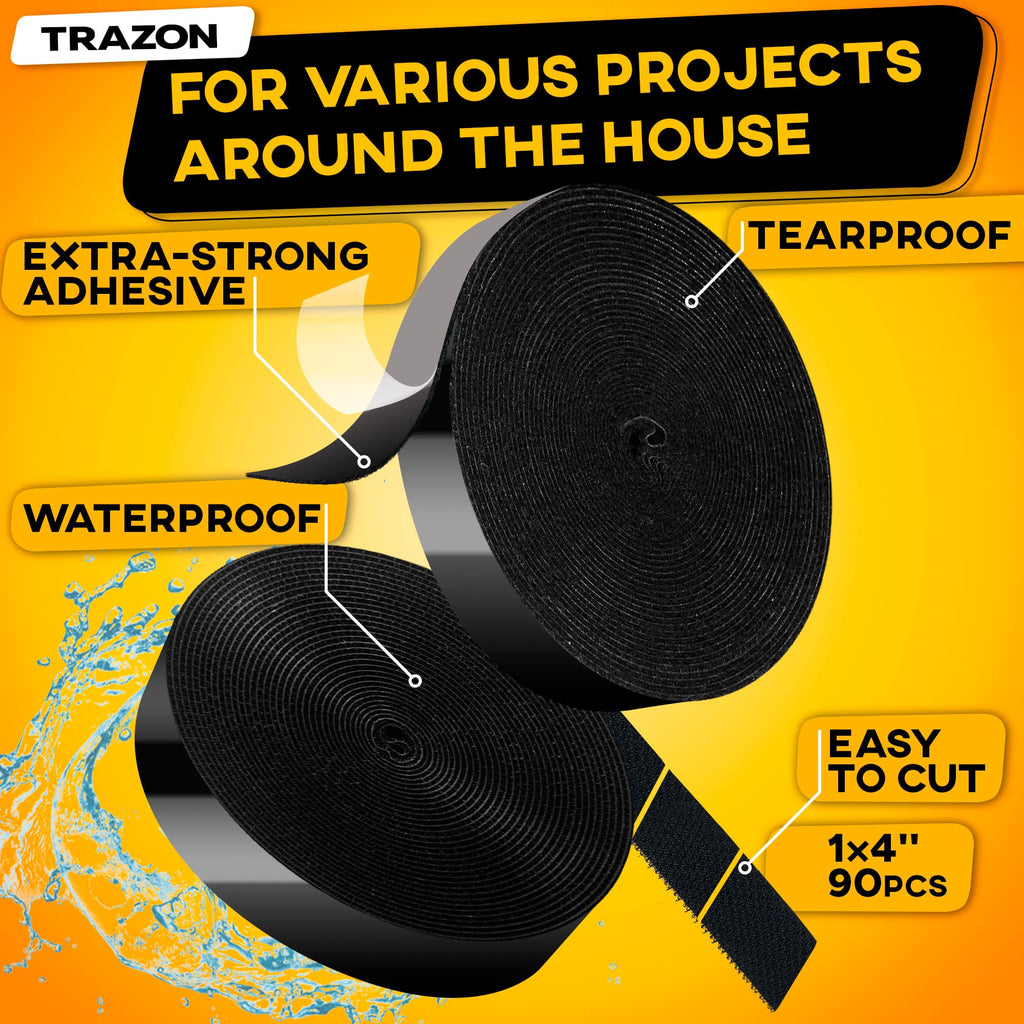 Hook and Loop Tape Roll with Heavy Duty Adhesive Industrial Strength Easy to Cut, Strong Hook and Loop Strips with Sticky Back, Black (Black, 1 Inch x 30 Feet)
