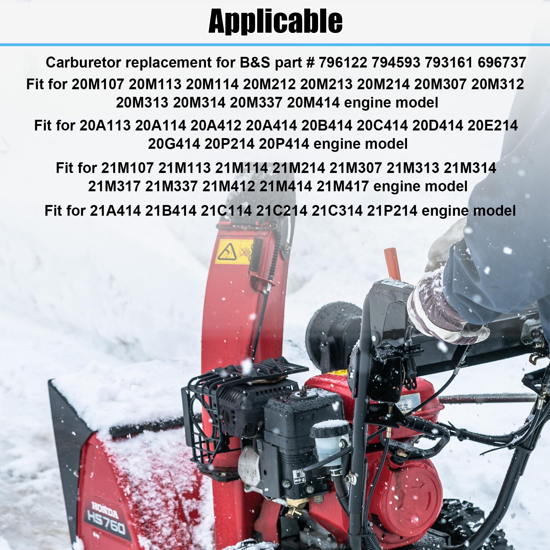 Carburetor fit for Briggs & Stratton Snowblower Replaces # 796122 794593 793161 696737 Compatible 20A114 20A414 20M114 20M107 Engines