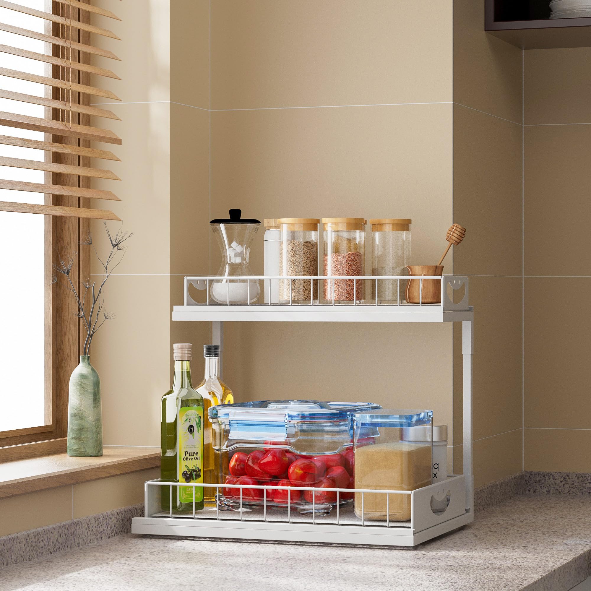 JAQ Under Sink Organizer for Kitchen, 2 Tier Pull Out Sliding Cabinet Organizer, Heavy Duty Metal Under Cabinet Storage for Kitchen Sink, Double Slide Out Drawers (White, 1 Pack)