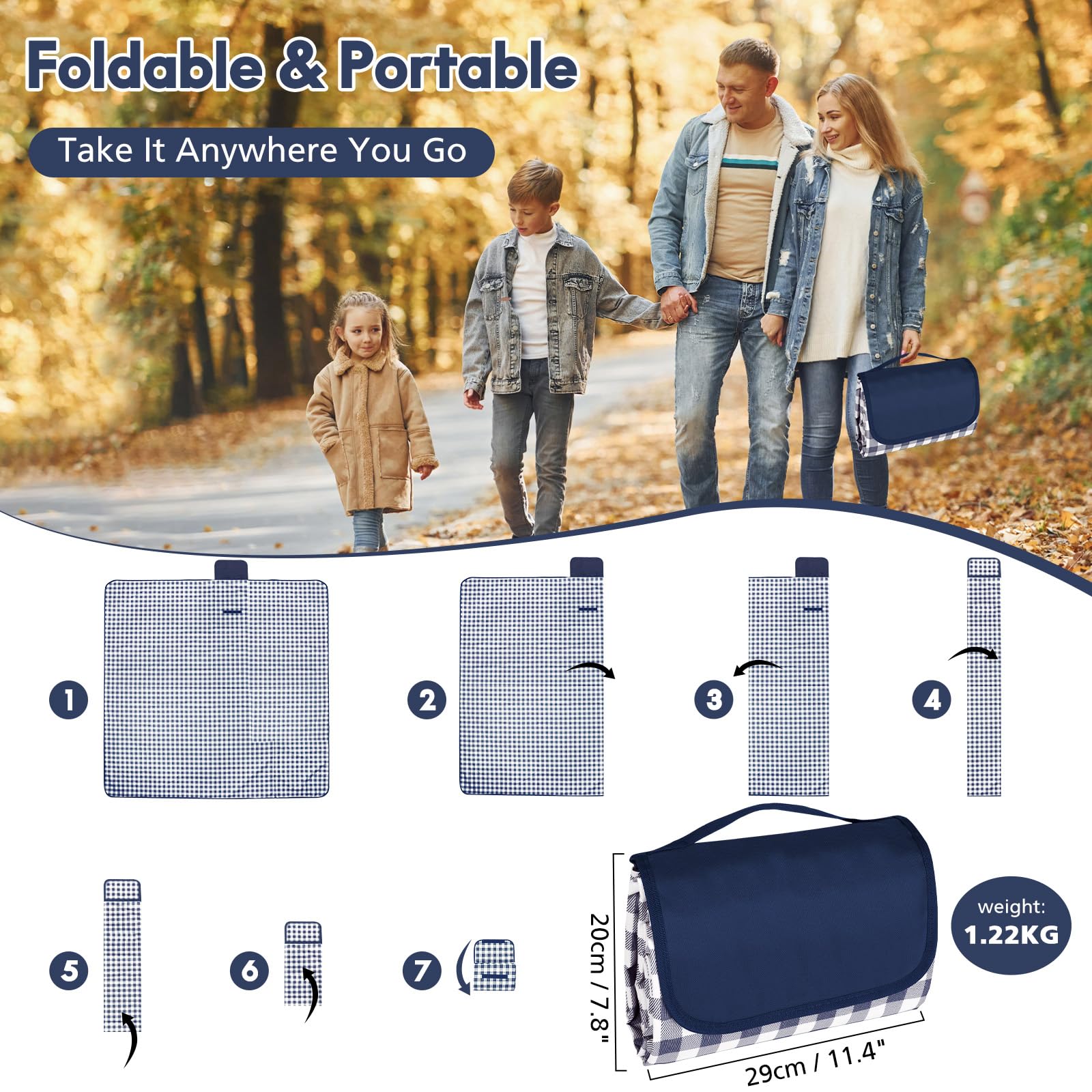 Anyiner Picnic Blanket Waterproof, 79"x79" Picnic Mat Camping Blanket, Sandproof Machine Washable with Carrying Handle for Outdoor Camping Beach Family Picnic (Blue)