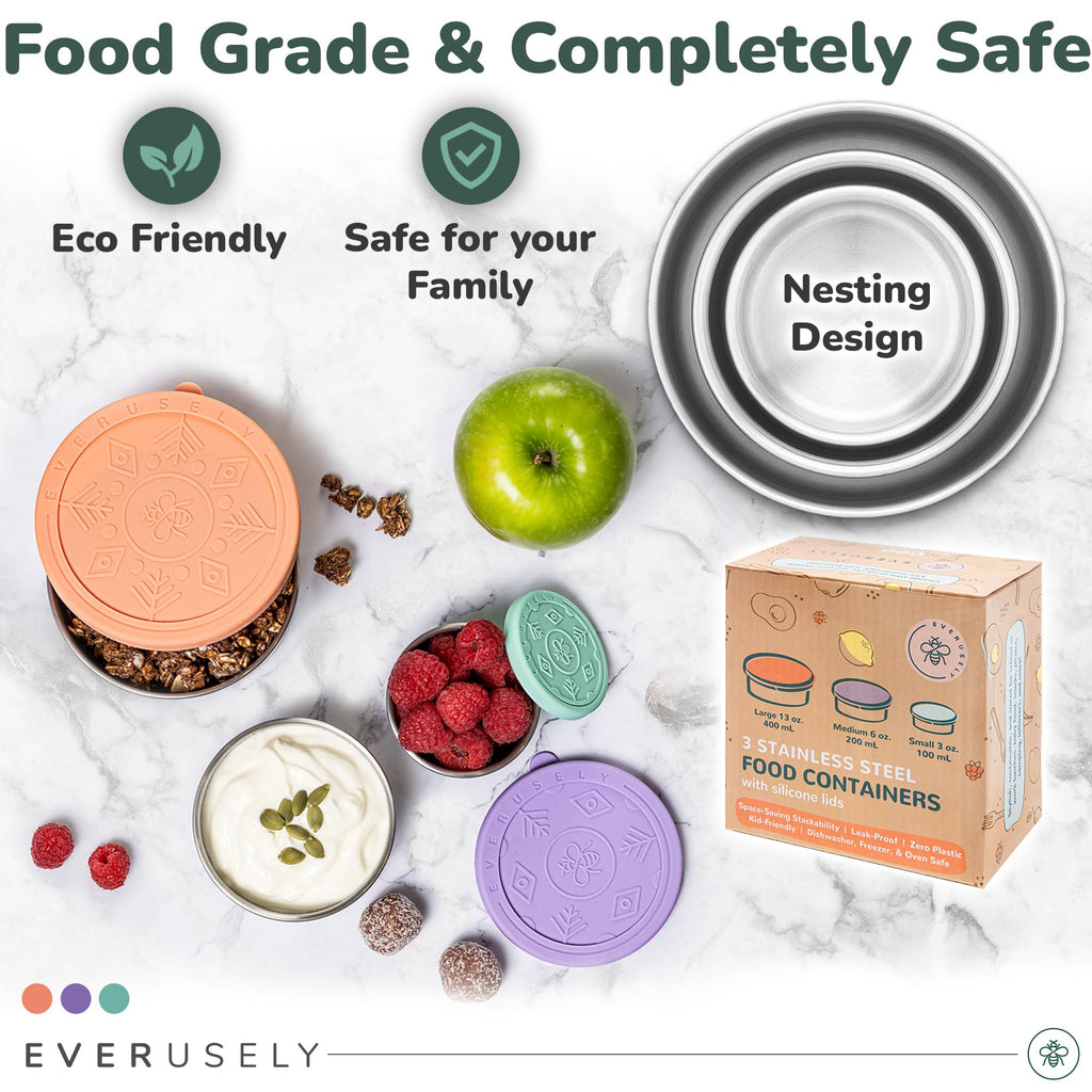 Everusely - Stainless Steel Food Containers - 3 Pack, Bright - Lunch Box - Snack Containers for Office, Home Food Storage - Leakproof w/Silicone Lids - Dishwasher & Freezer Safe