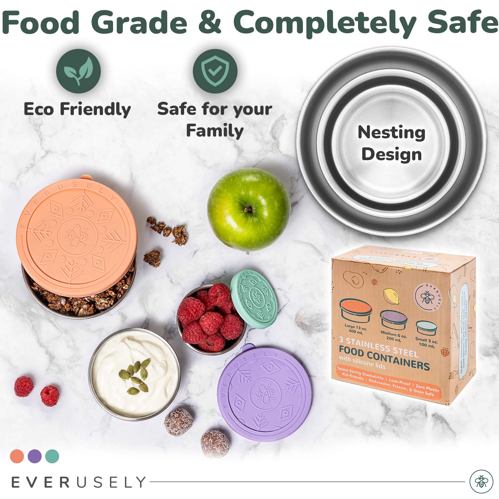 Everusely - Stainless Steel Food Containers - 3 Pack, Bright - Lunch Box - Snack Containers for Office, Home Food Storage - Leakproof w/Silicone Lids - Dishwasher & Freezer Safe