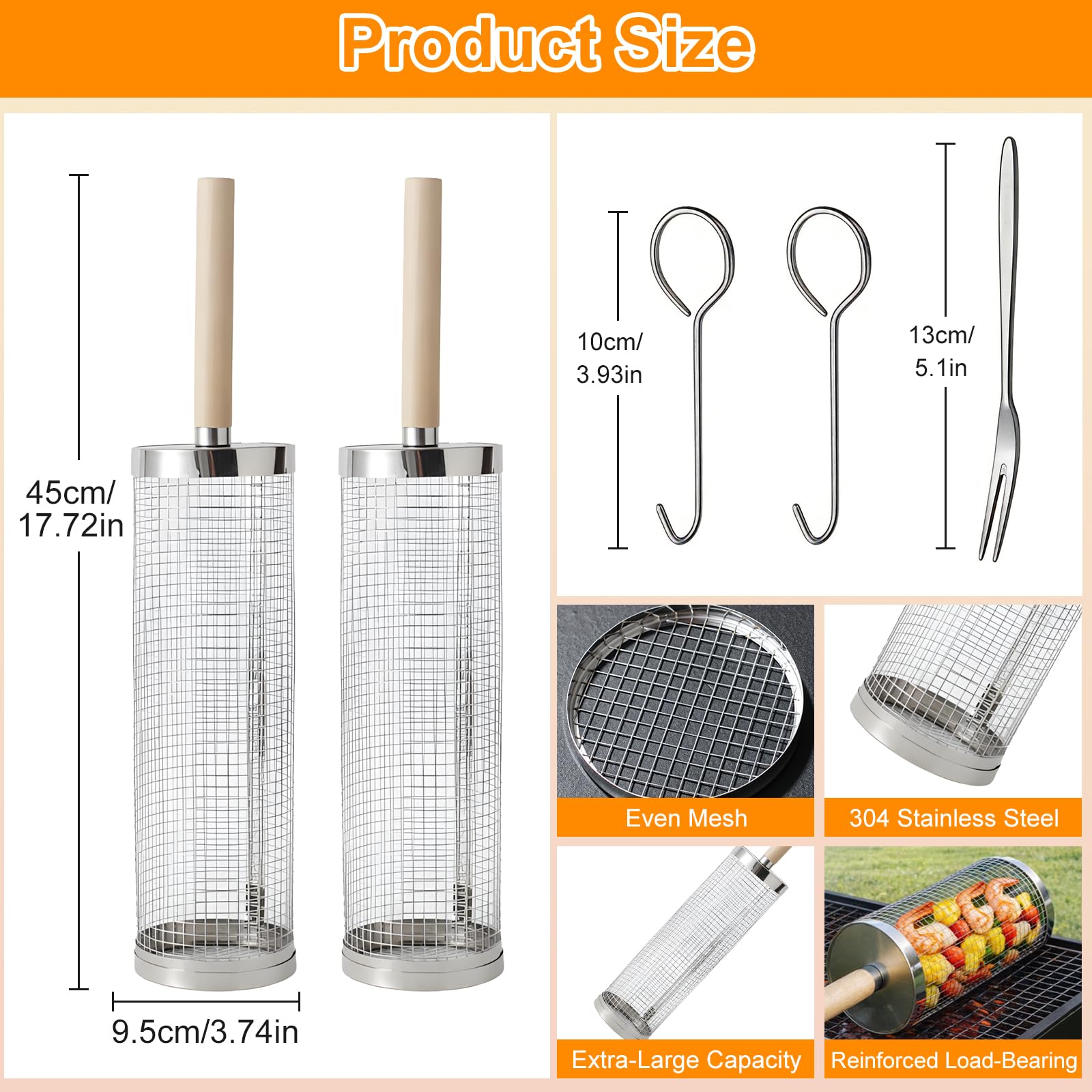 Fohil 2PCS Rolling Grill Baskets with Removable Wooden Handle, 304 Stainless Steel Rotating Grill Cage for BBQ Camping Outdoor, Grilling Basket for Vegetables, Shrimp, Meat, Gift for Men Dad, Husband