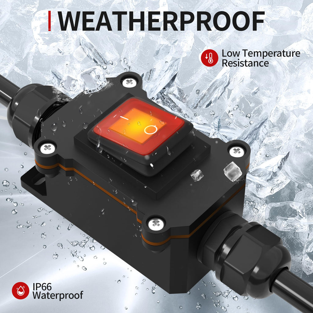 RVBOATPAT Inline Cord Switch 12V 20A DC Waterproof Inline Switch IP66 Red Lighted 2 Position 4 Pin DPST with 14 AWG Wire Outdoor Power Lamp ON/Off Switch KCD2
