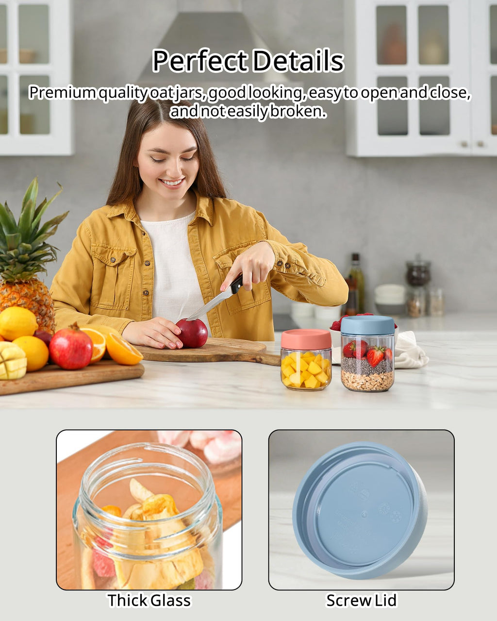 10+16oz Overnight Oats Jar, 4 Pack Overnight Oats Containers with Lids, Leak-Proof Reusable Wide Mouth Mason Jars Glass Jar for Yogurt Fruit, Salad Lunch, Snack, Cereal, Food Storage