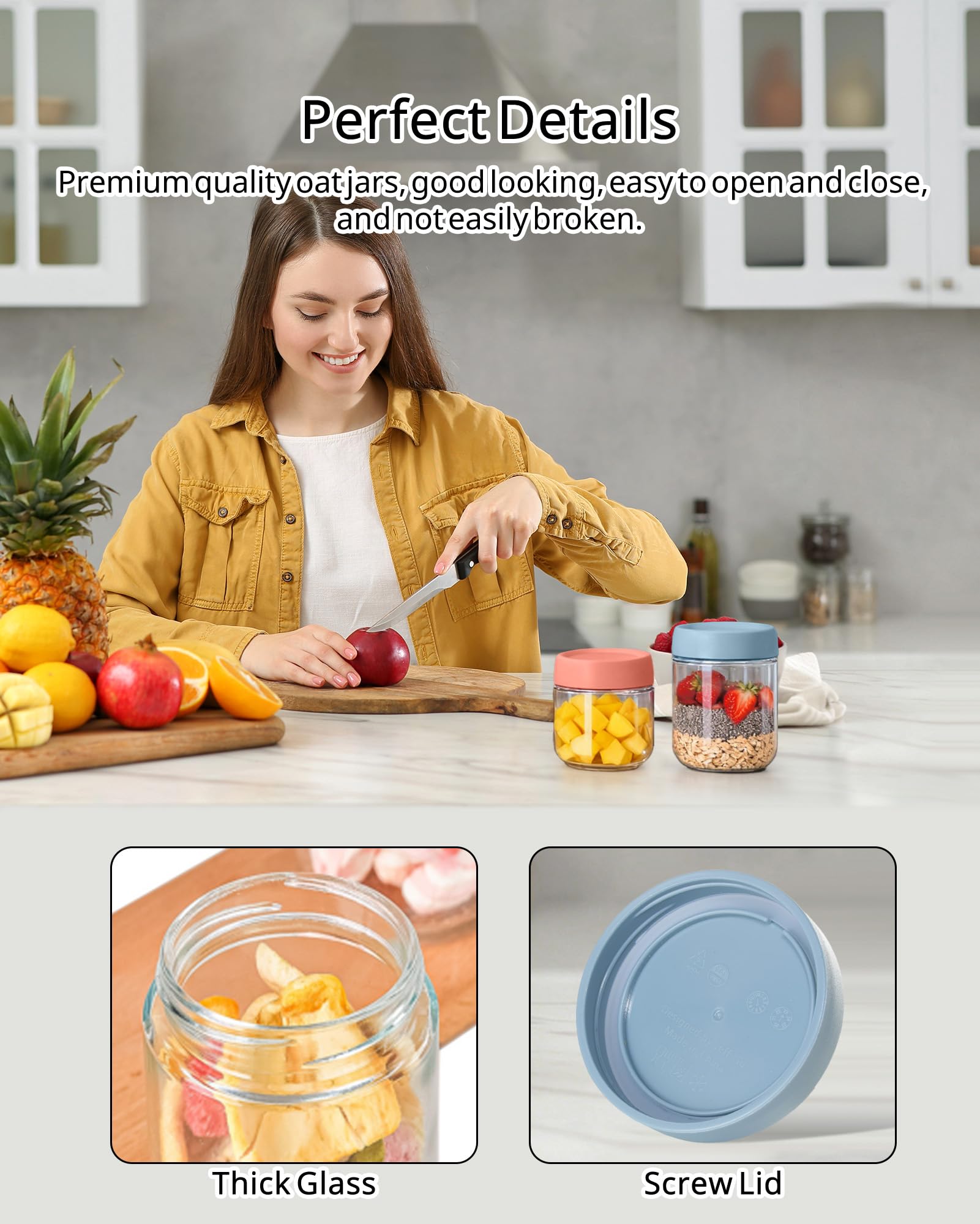 10+16oz Overnight Oats Jar, 4 Pack Overnight Oats Containers with Lids, Leak-Proof Reusable Wide Mouth Mason Jars Glass Jar for Yogurt Fruit, Salad Lunch, Snack, Cereal, Food Storage