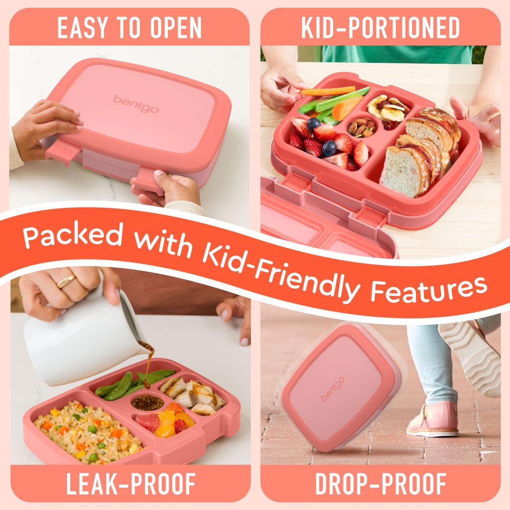 Bentgo® Kids Bento-Style 5-Compartment Lunch Box - Ideal Portion Sizes for Ages 3 to 7 - Leak-Proof, Drop-Proof, Dishwasher Safe, BPA-Free, & Made with Food-Safe Materials (Coral)