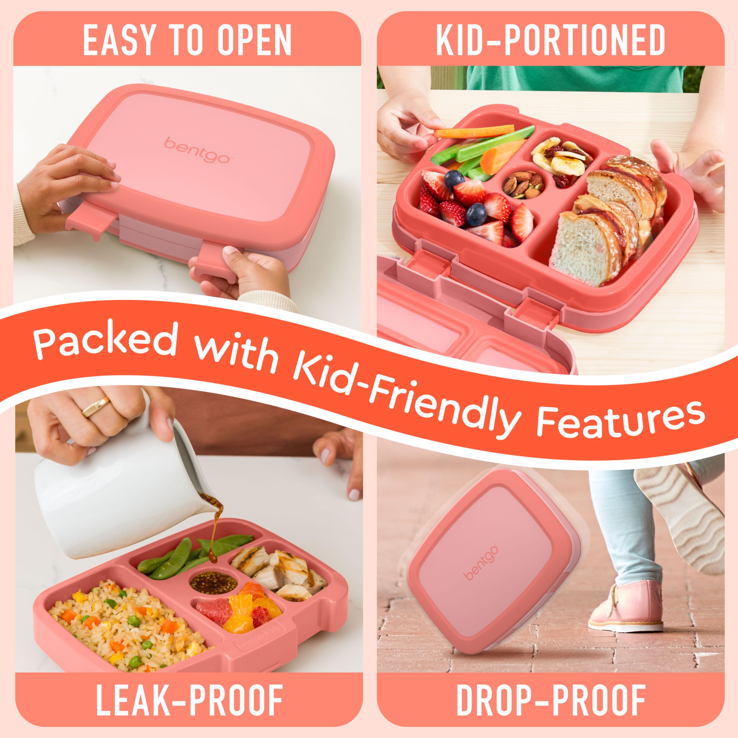 Bentgo® Kids Bento-Style 5-Compartment Lunch Box - Ideal Portion Sizes for Ages 3 to 7 - Leak-Proof, Drop-Proof, Dishwasher Safe, BPA-Free, & Made with Food-Safe Materials (Coral)