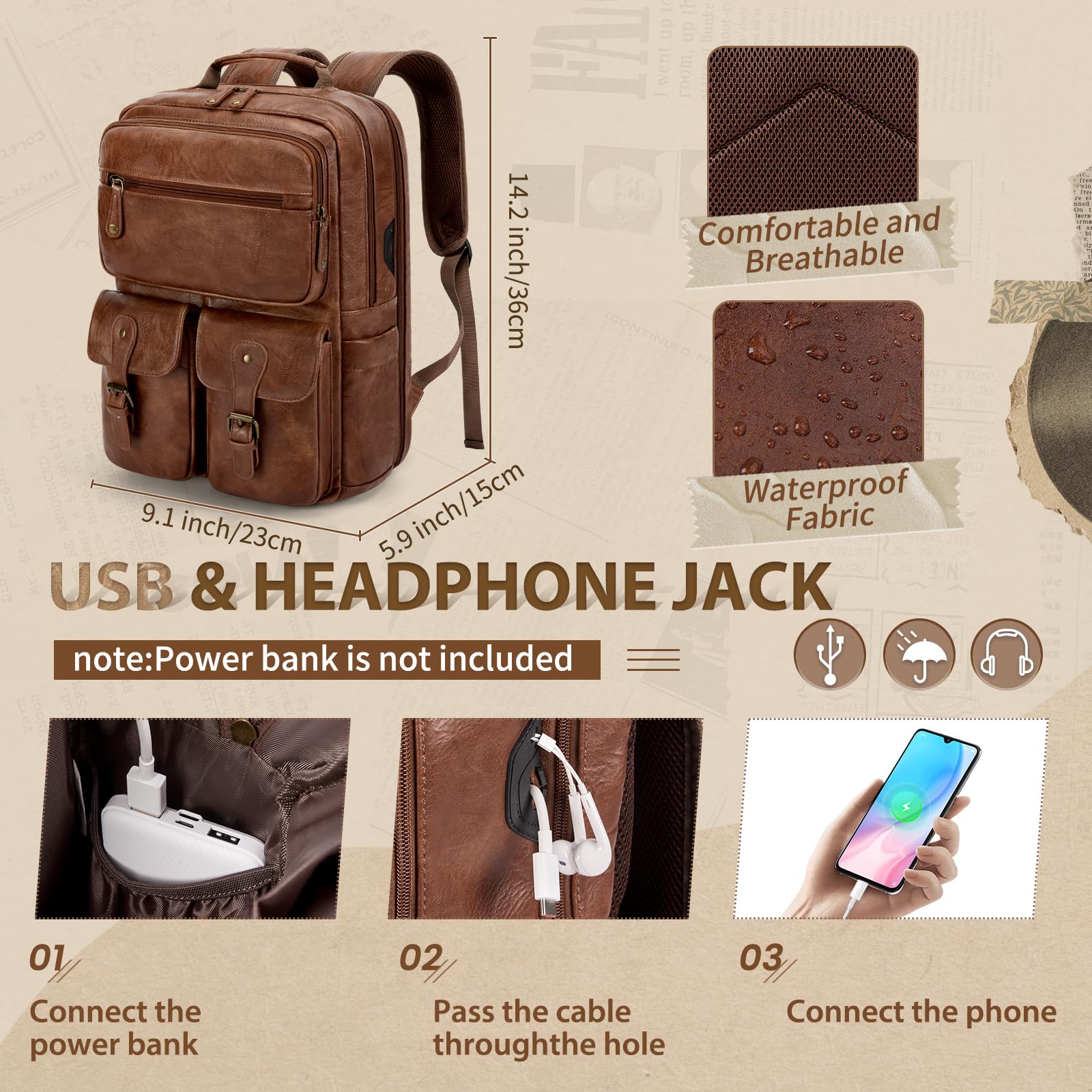 RAINSMORE Travel Backpack for Men & Women 15.6 Inch leather Laptop Bag with USB Charging Port Waterproof Laptop Backpack Large Capacity Carry On Backpack Computer Bag for College, Business and Travel