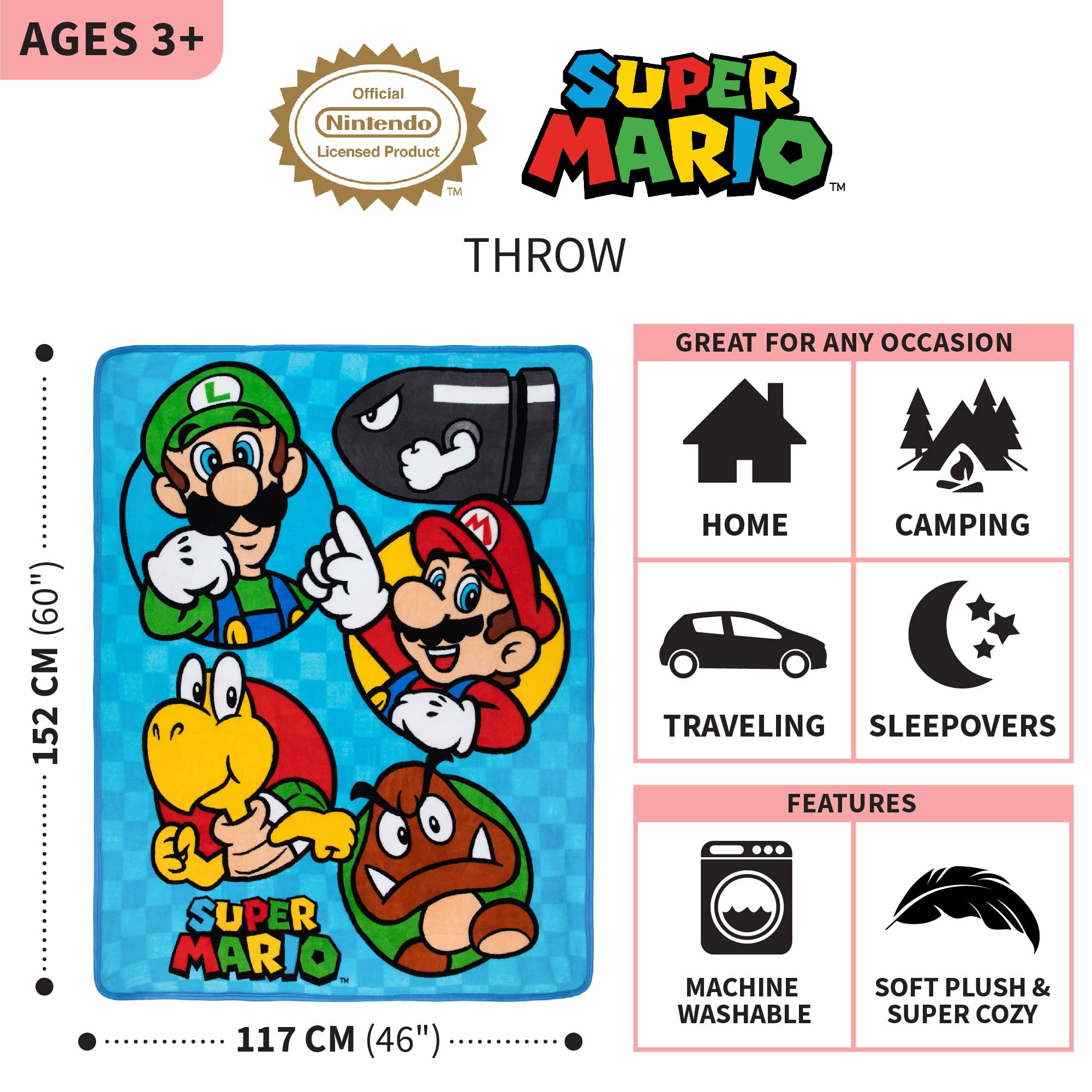 Nintendo Super Mario Kids Bedding Super Soft Micro Raschel Throw, 46 in x 60 in, by Franco (Packaging may vary)