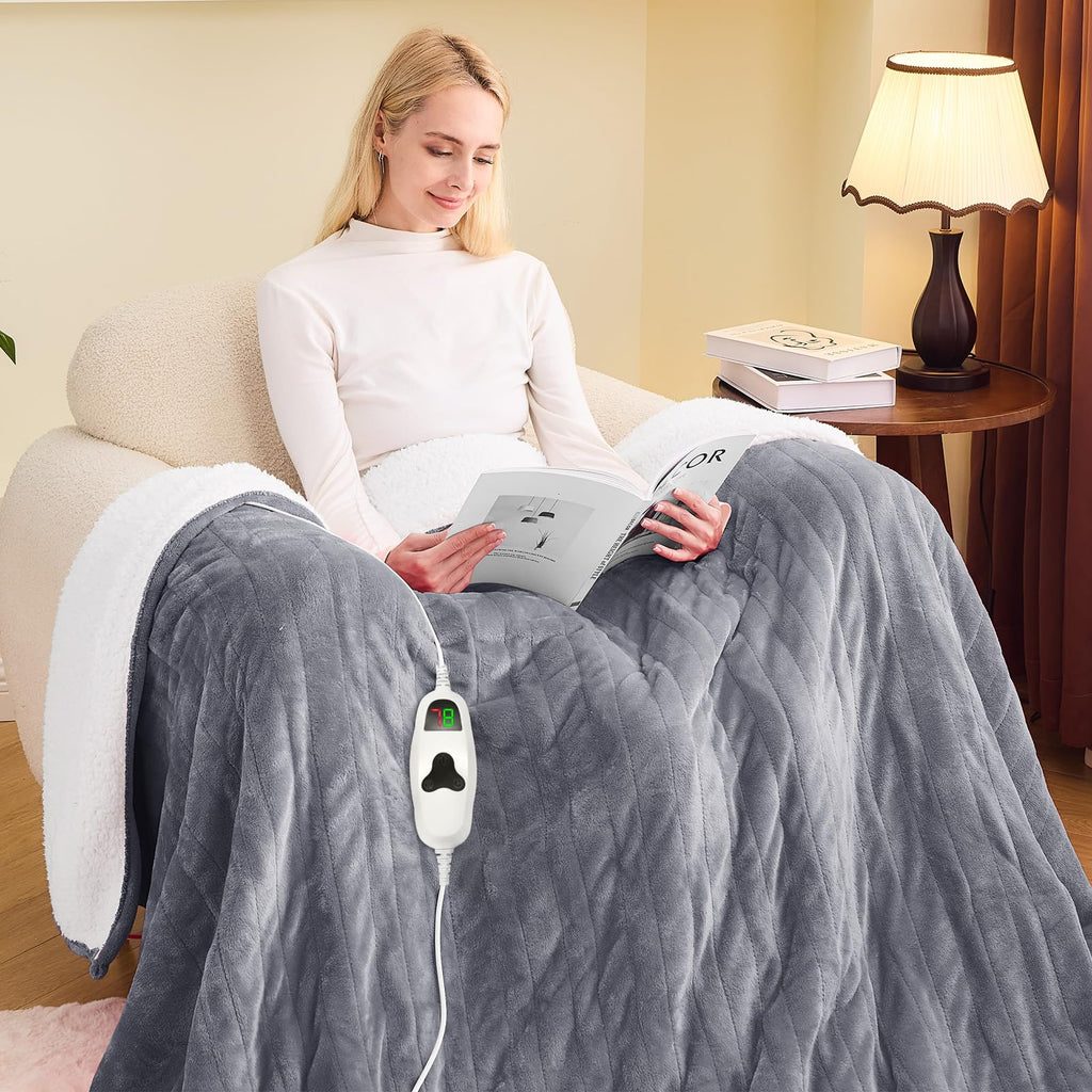 Heated Blanket Electric Blanket Throw,50“ x 60” Heating Blanket,Thick Warming Plush Electric Lap Sherpa Gifts for Women,Mom,Grandma with 5-Position Timer &10 Heating Levels,Grey