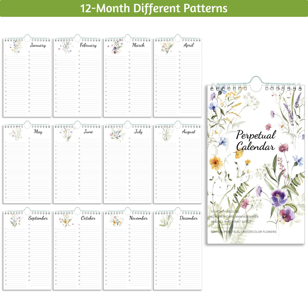 Perpetual Calendar – Undated Calendar 12-Month for Birthday, Anniversaries, Important Days, Festivals Reminder, 6'' x 10'' with 2 Lines Per Days, Twin-wire Binding, Thicker Paper, Minimalist Flowers
