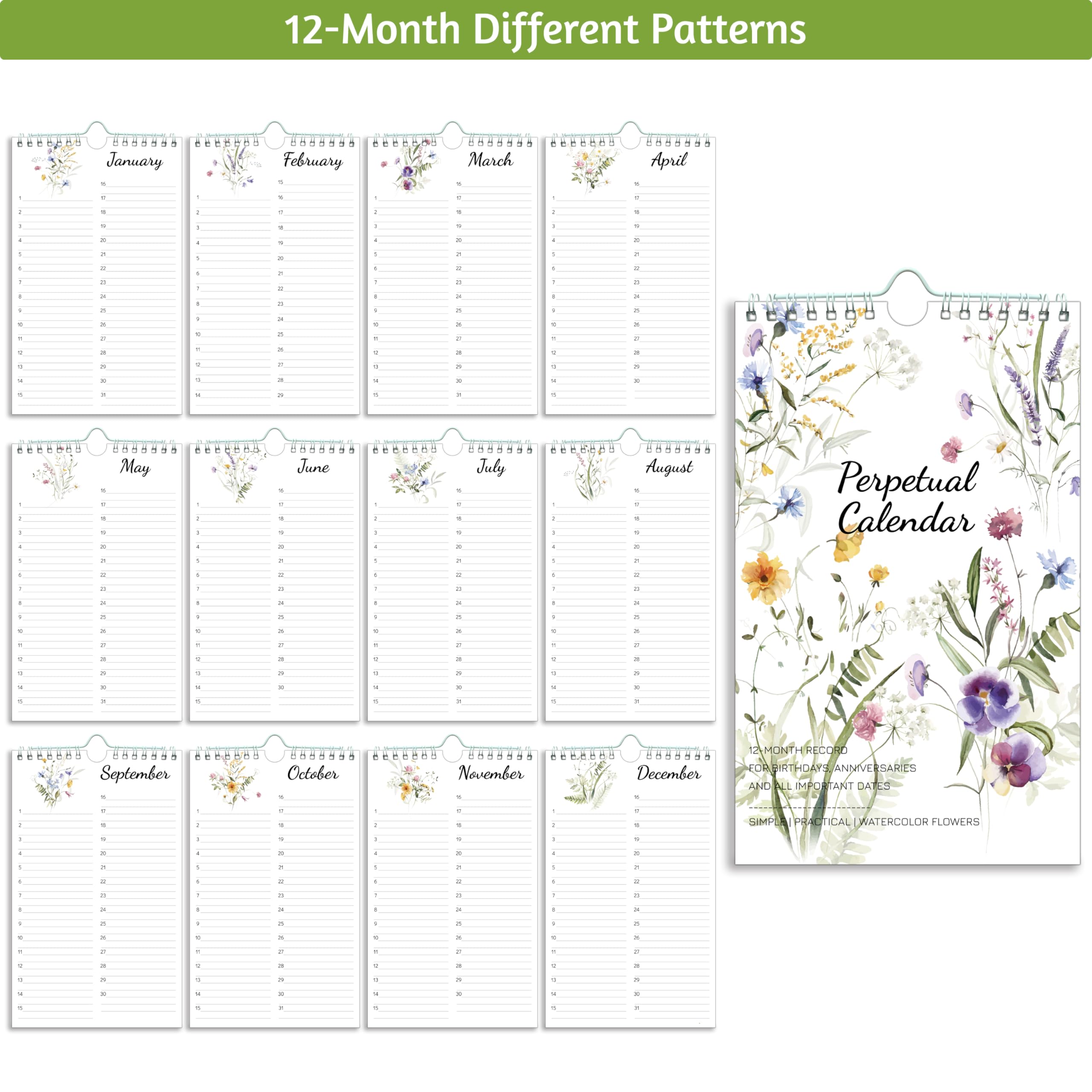Perpetual Calendar – Undated Calendar 12-Month for Birthday, Anniversaries, Important Days, Festivals Reminder, 6'' x 10'' with 2 Lines Per Days, Twin-wire Binding, Thicker Paper, Minimalist Flowers
